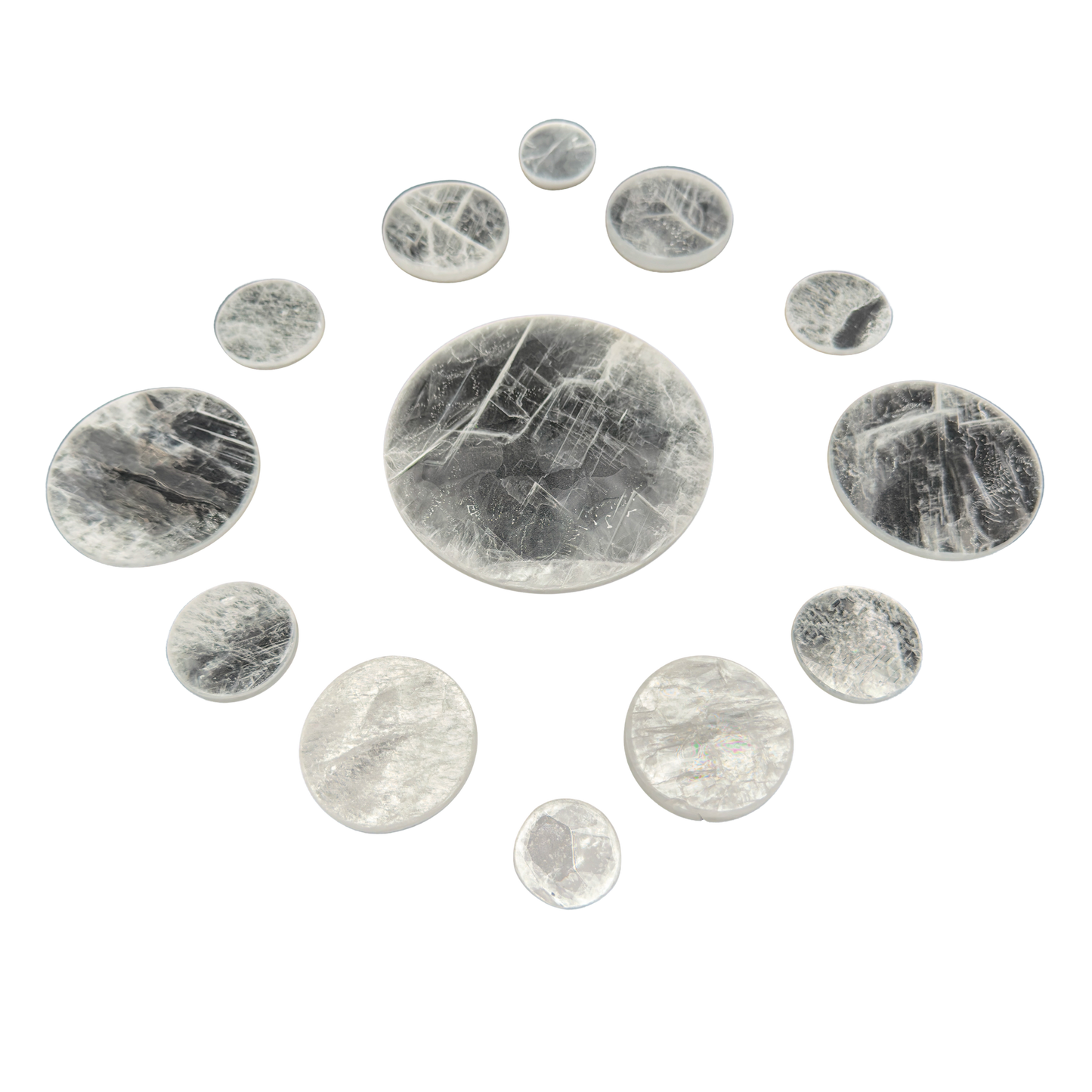 Selenite polished disc, translucent white gypsum with satin optical fiber, AAA grade New Mexico, view 1