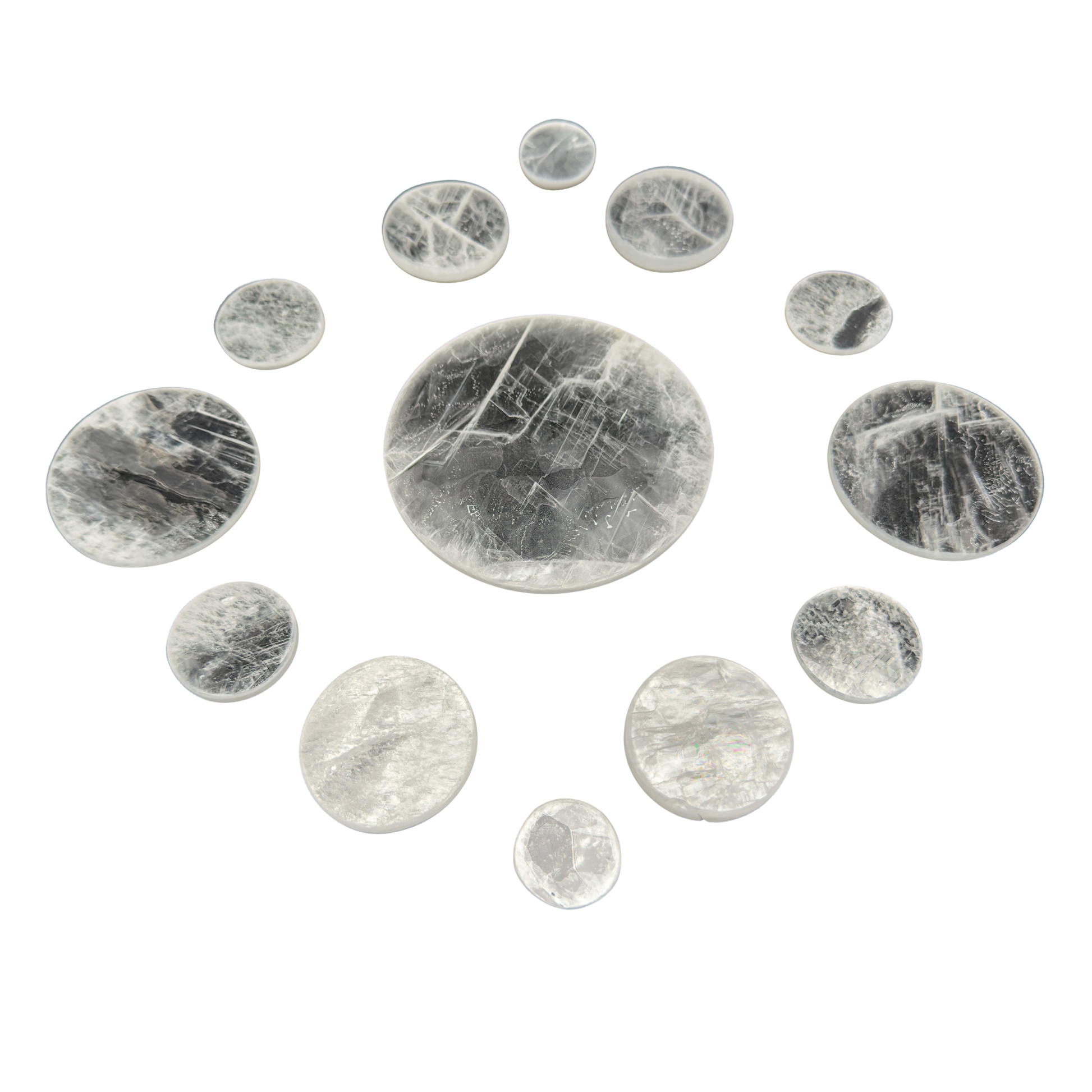 Selenite polished disc, translucent white gypsum with satin optical fiber, AAA grade New Mexico, view 1