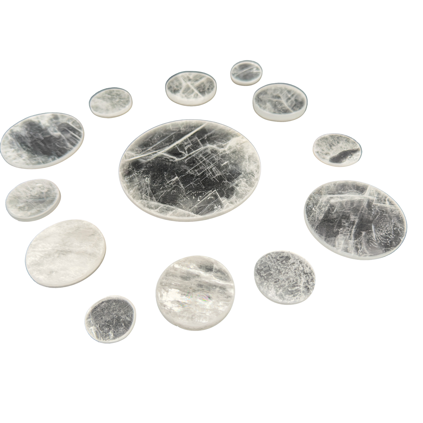 Selenite polished disc, translucent white gypsum with satin optical fiber, AAA grade New Mexico, view 4