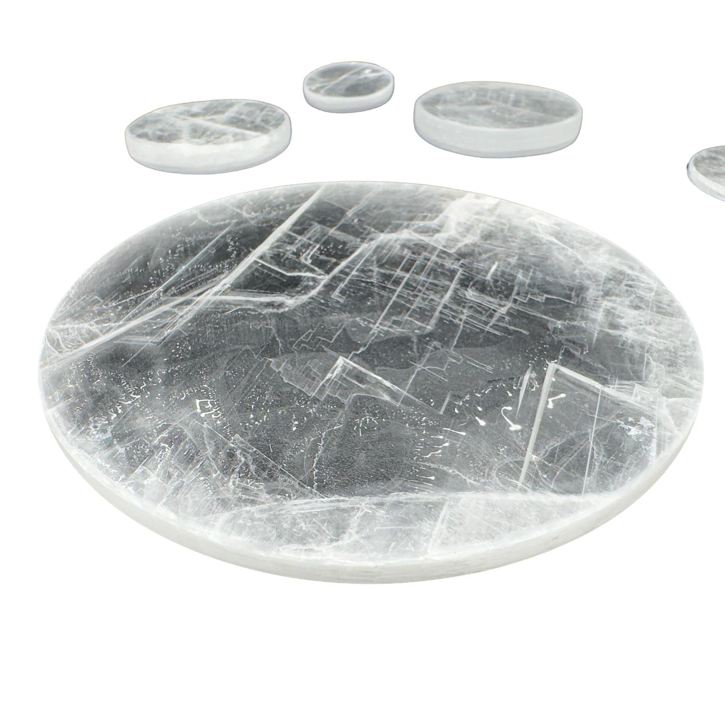 Selenite polished disc, translucent white gypsum with satin optical fiber, AAA grade New Mexico, view 5