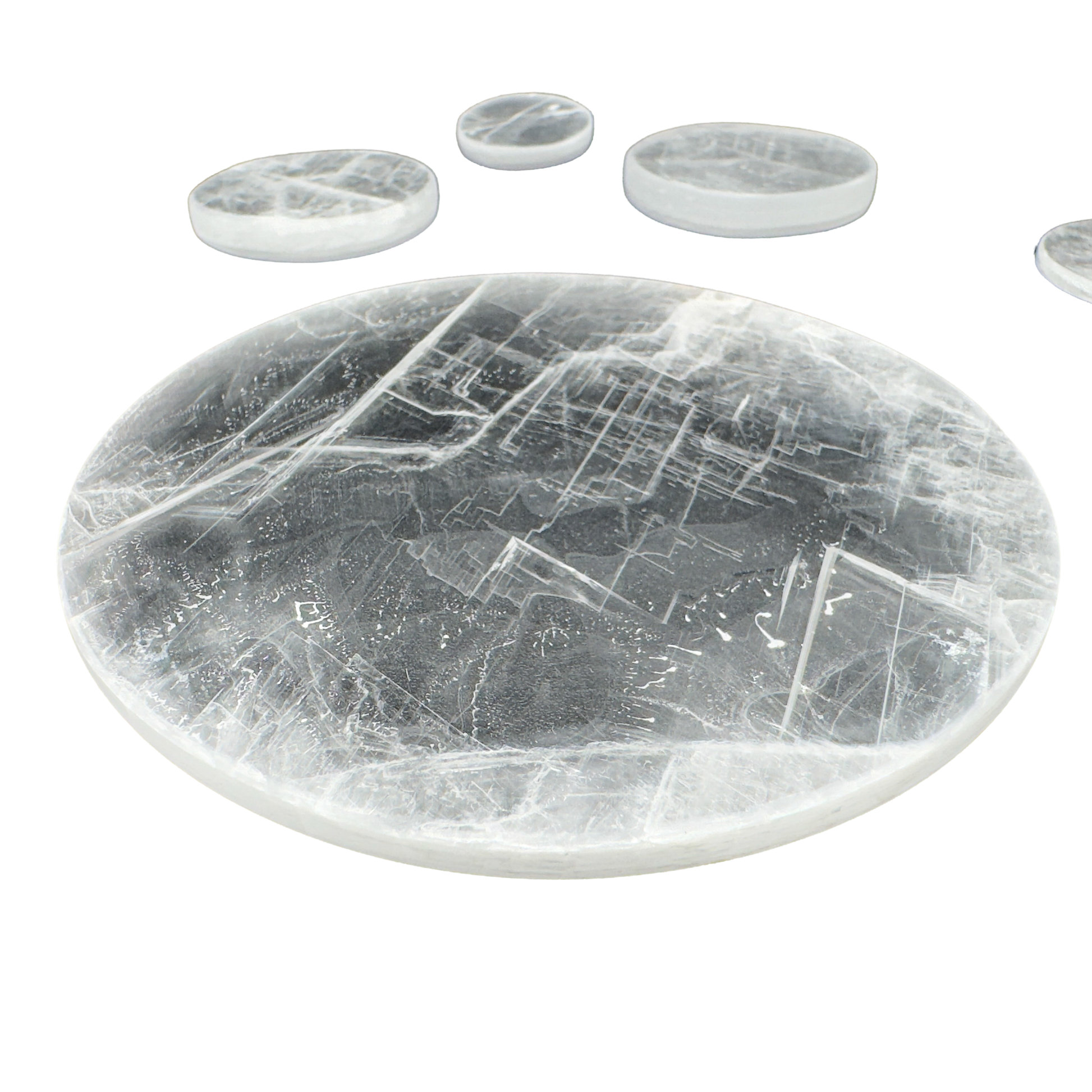 Selenite polished disc, translucent white gypsum with satin optical fiber, AAA grade New Mexico, view 5