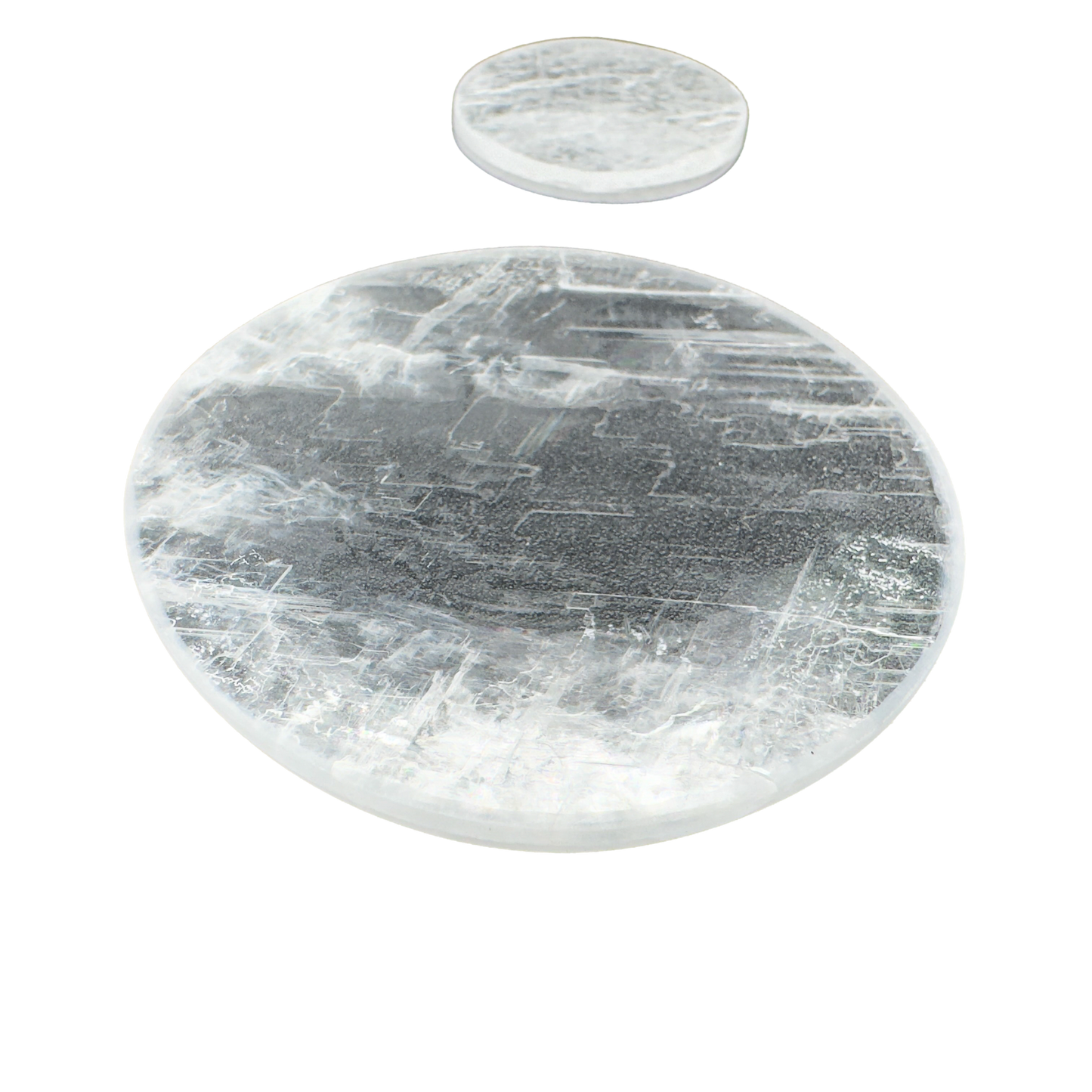 Selenite polished disc, translucent white gypsum with satin optical fiber, AAA grade New Mexico, view 6