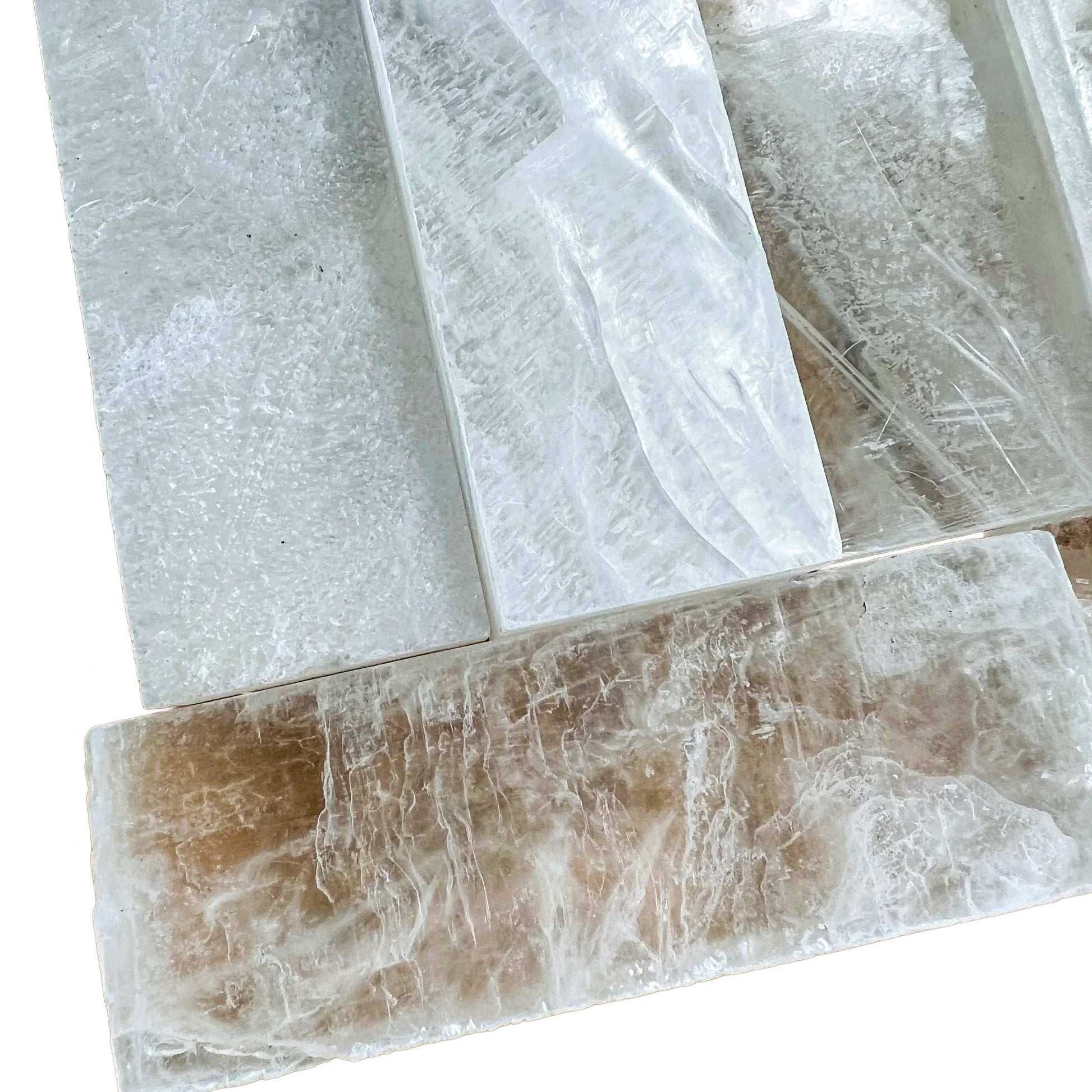 Full profile of Grade AAA Selenite raw crystals ready to ship from Beyond Bohemian