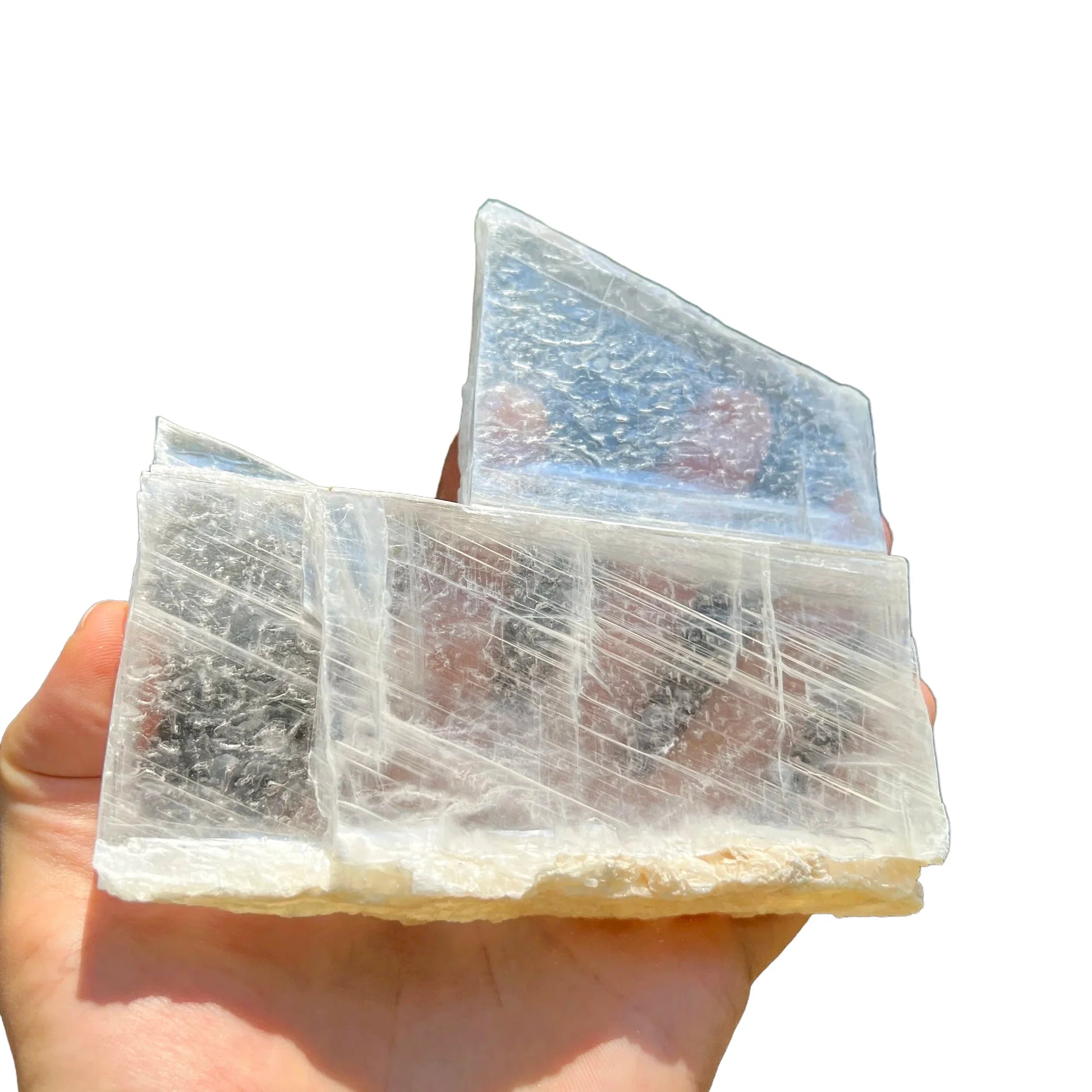 Detail shot of Grade AAA Selenite slab under natural light