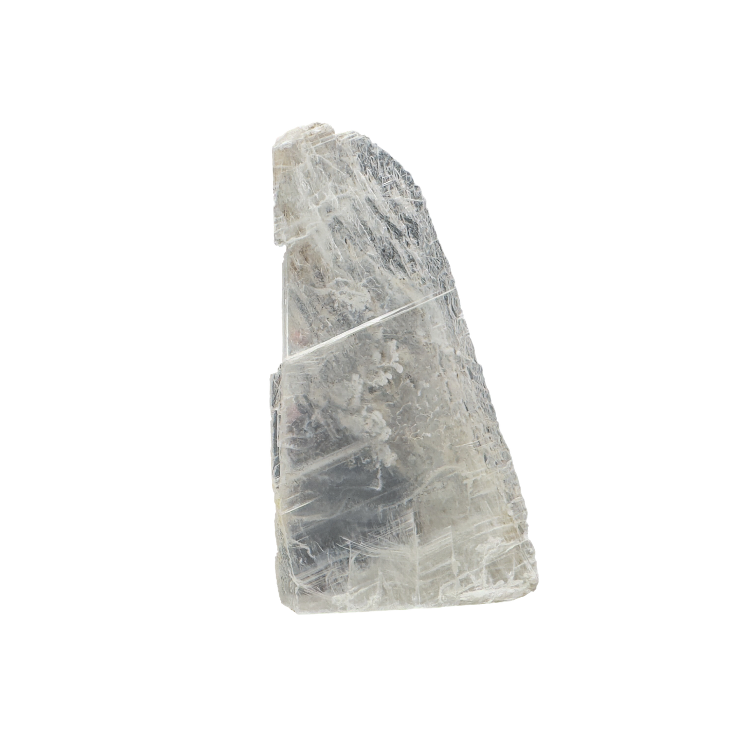 Selenite raw crystal standing slab, translucent white gypsum with satin fiber, AAA grade New Mexico, 0.61 lb, view 1