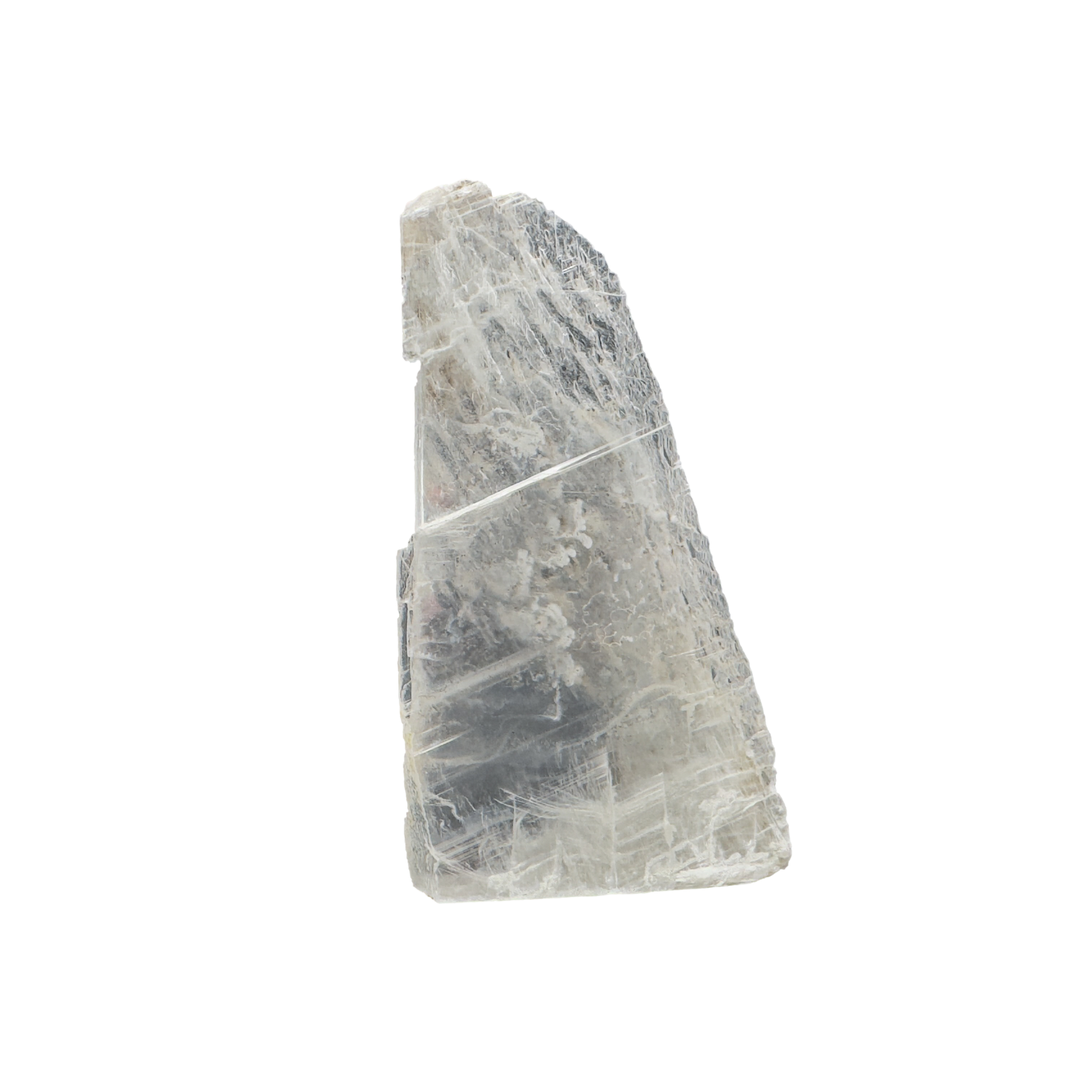 Selenite raw crystal standing slab, translucent white gypsum with satin fiber, AAA grade New Mexico, 0.61 lb, view 1