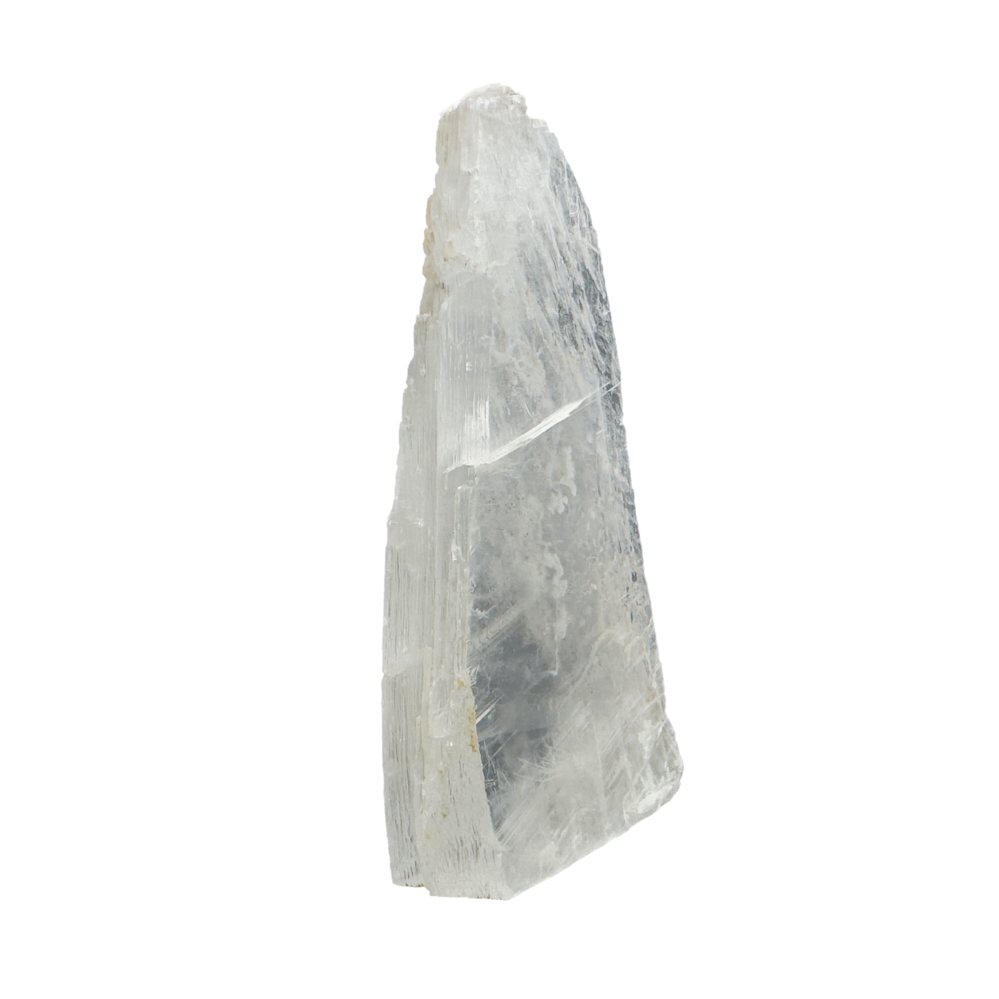 Selenite raw crystal standing slab, translucent white gypsum with satin fiber, AAA grade New Mexico, 0.61 lb, view 2