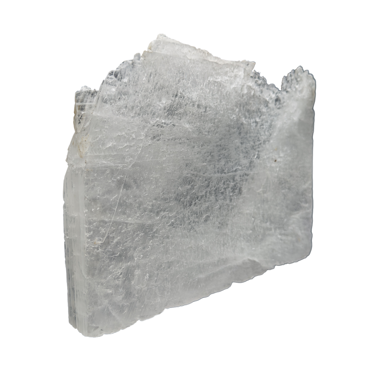 Selenite raw crystal standing slab, broad translucent white gypsum panel with natural terminations, AAA grade New Mexico, 4.03 lb, view 2