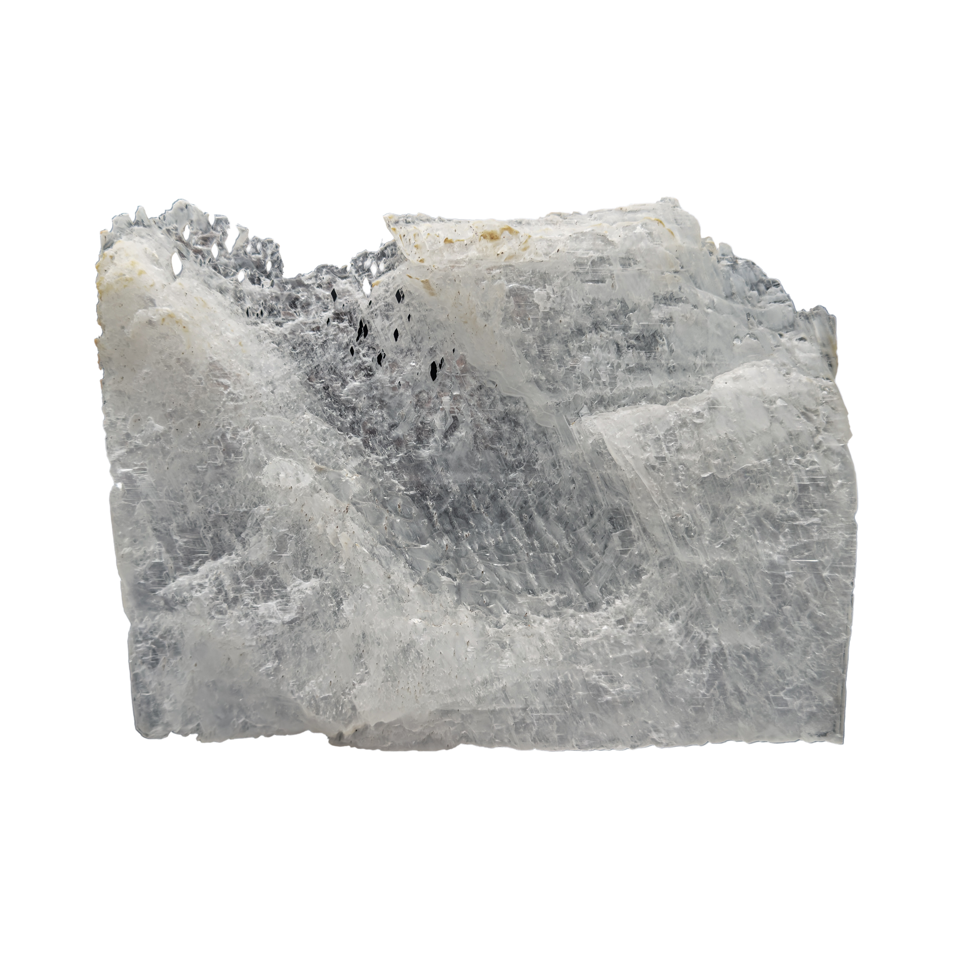 Selenite raw crystal standing slab, broad translucent white gypsum panel with natural terminations, AAA grade New Mexico, 4.03 lb, view 5