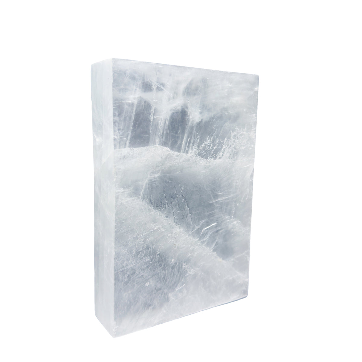 AAA grade selenite clearing block from New Mexico, edge profile showing thickness, translucent white gypsum fiber, specimen 65.