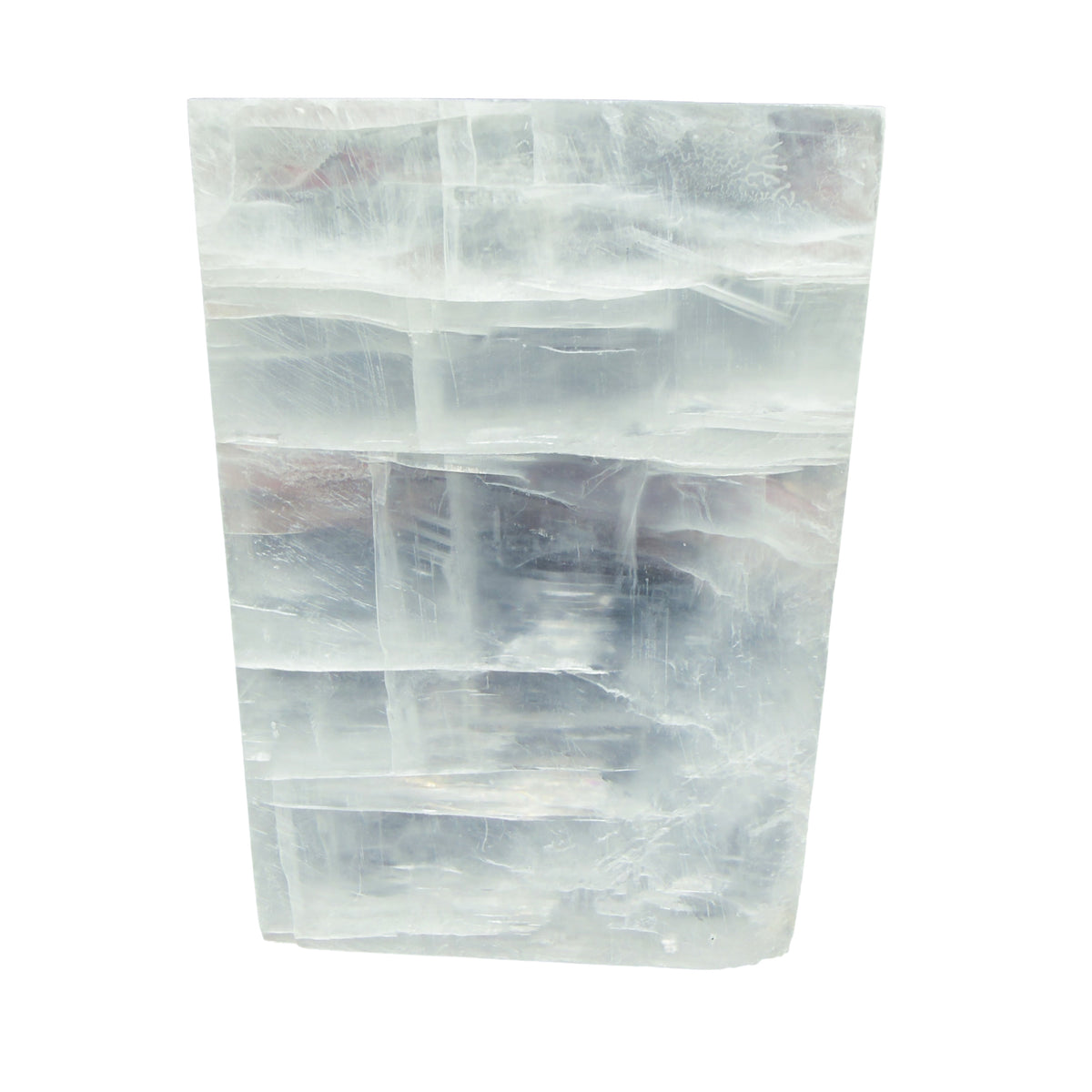 AAA grade selenite clearing block from New Mexico, front view, satin fibrous surface, 6.00 x 4.00 x 1.01 in, 1.99 pounds.