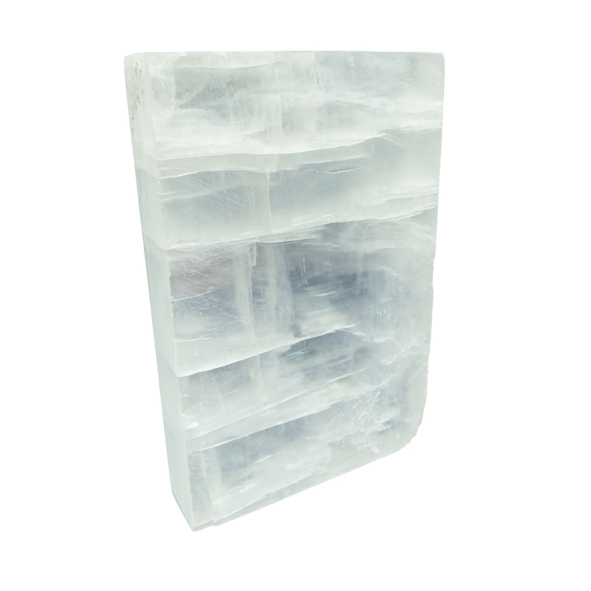 AAA grade selenite clearing block from New Mexico, edge profile showing thickness, translucent white gypsum fiber, specimen 66.