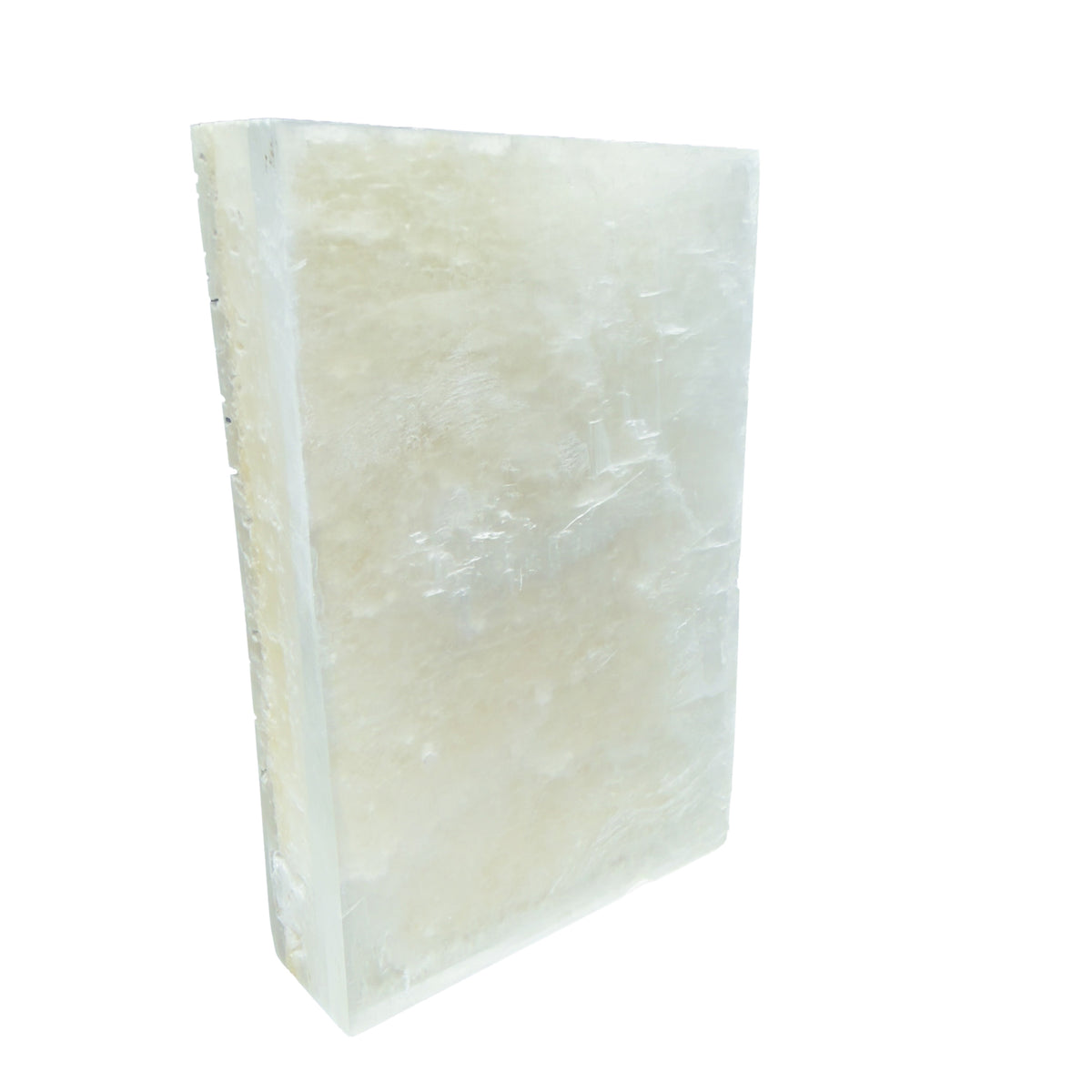 AAA grade selenite clearing block from New Mexico, edge profile showing thickness, translucent white gypsum fiber, specimen 67.