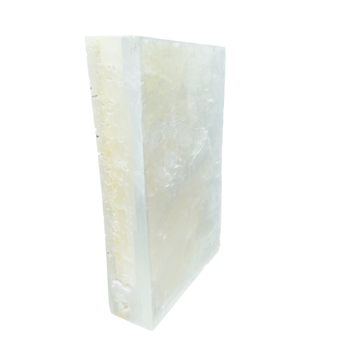 AAA grade selenite clearing block from New Mexico, top view, translucent white gypsum fiber, specimen 67.