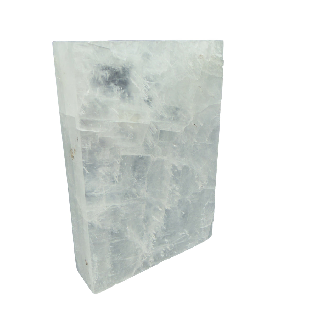 AAA grade selenite clearing block from New Mexico, edge profile showing thickness, translucent white gypsum fiber, specimen 68.
