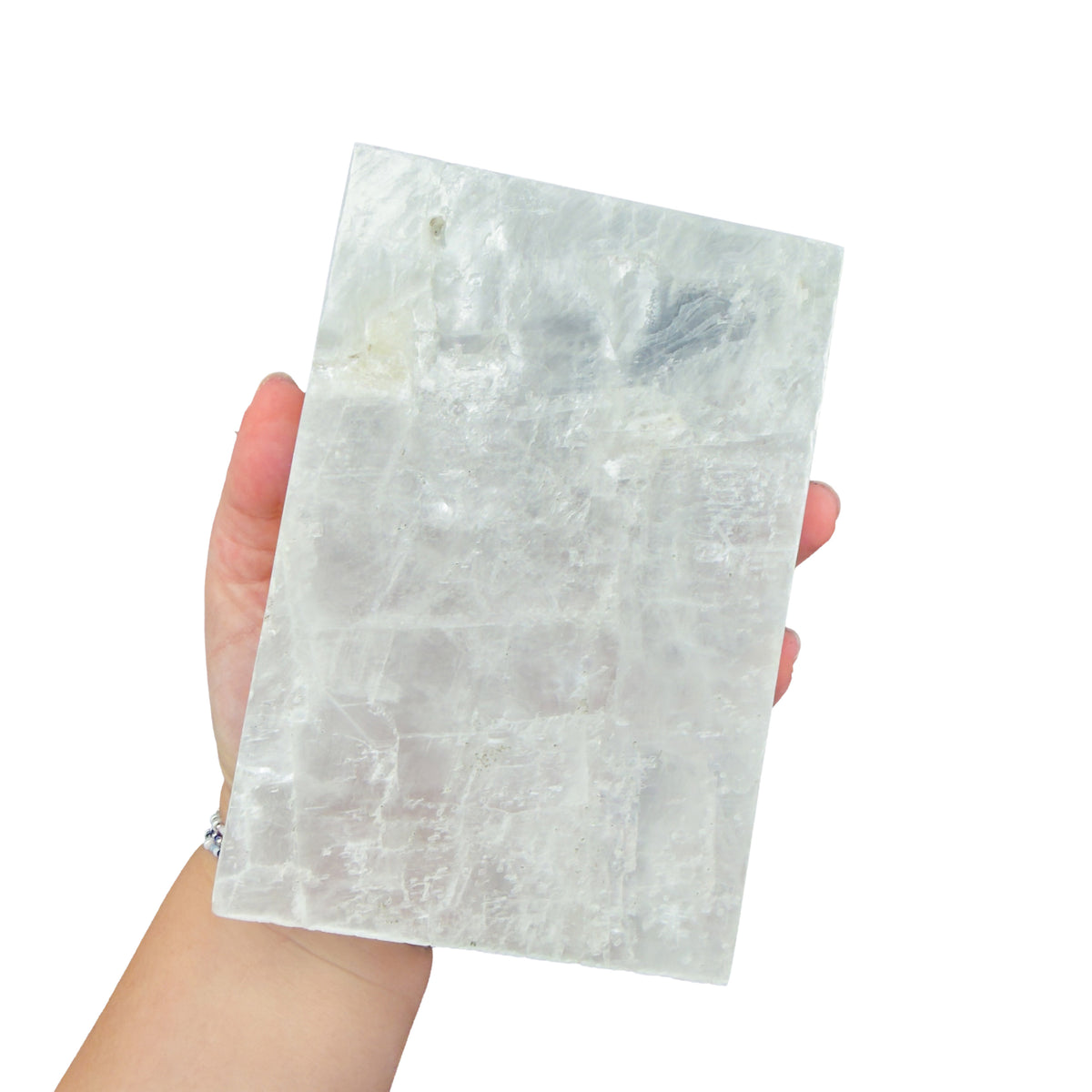 AAA grade selenite clearing block from New Mexico, detail of the fibrous surface, translucent white gypsum fiber, specimen 68.