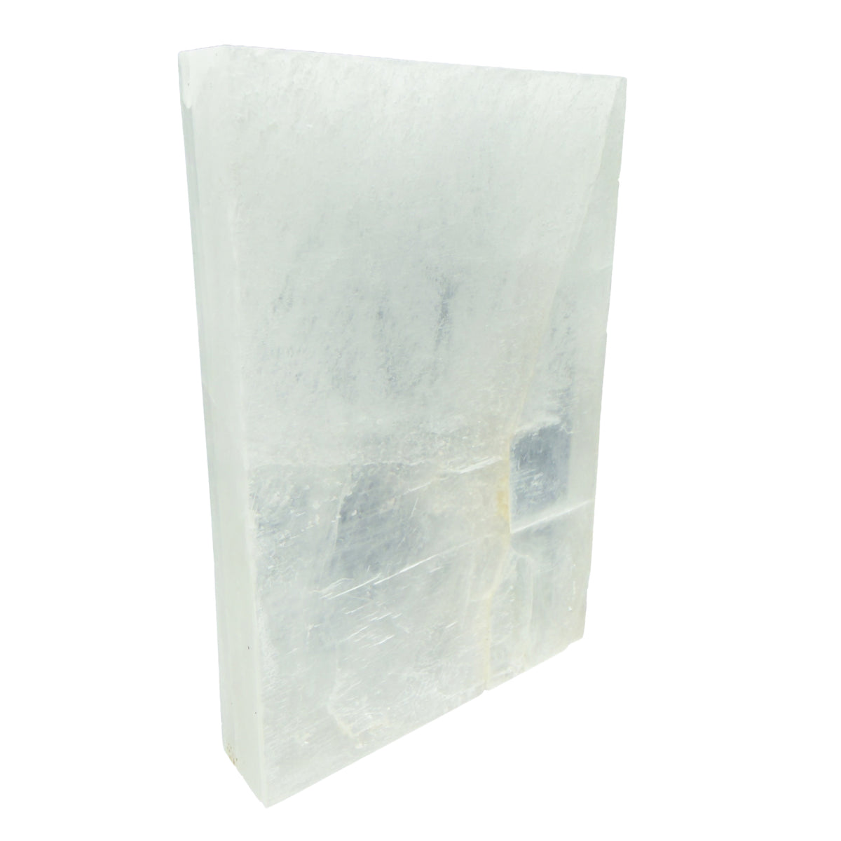AAA grade selenite clearing block from New Mexico, edge profile showing thickness, translucent white gypsum fiber, specimen 69.