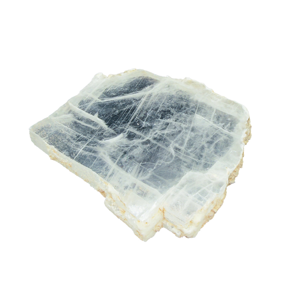 AAA grade selenite clearing slab from New Mexico, top view, translucent white gypsum fiber, specimen 54.
