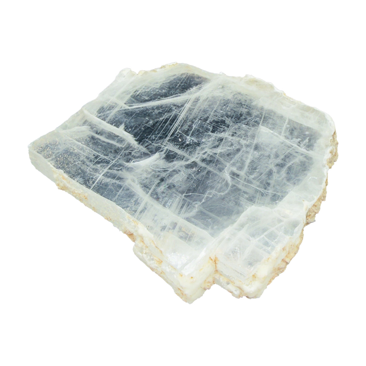 AAA grade selenite clearing slab from New Mexico, top view, translucent white gypsum fiber, specimen 54.