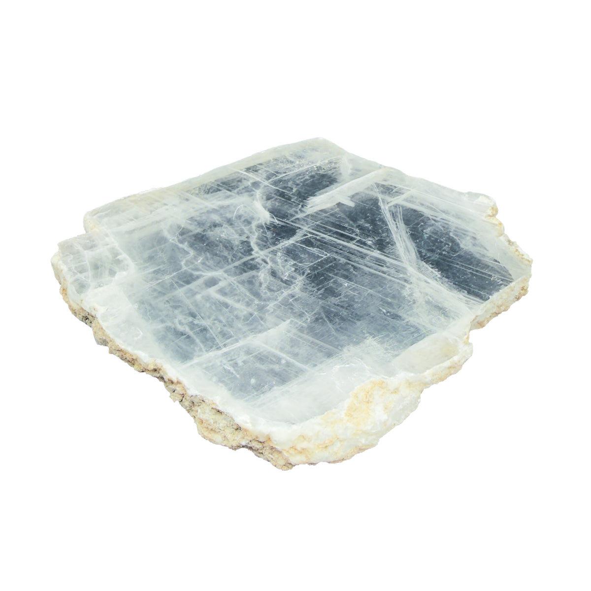 AAA grade selenite clearing slab from New Mexico, detail of the fibrous surface, translucent white gypsum fiber, specimen 54.