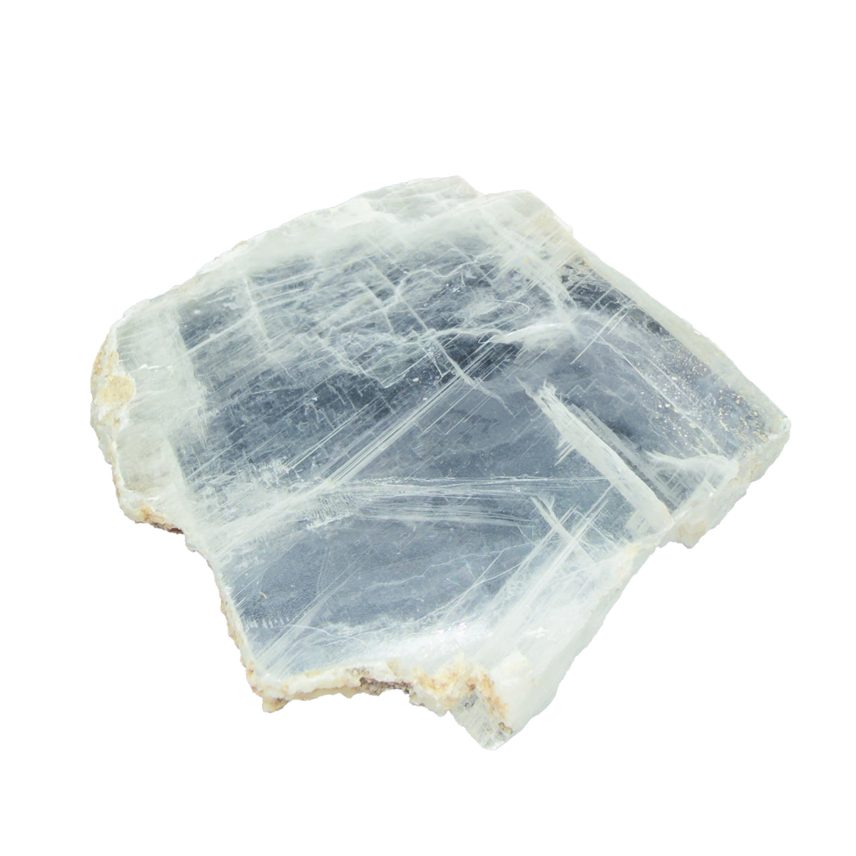 AAA grade selenite clearing slab from New Mexico, edge profile showing thickness, translucent white gypsum fiber, specimen 54.