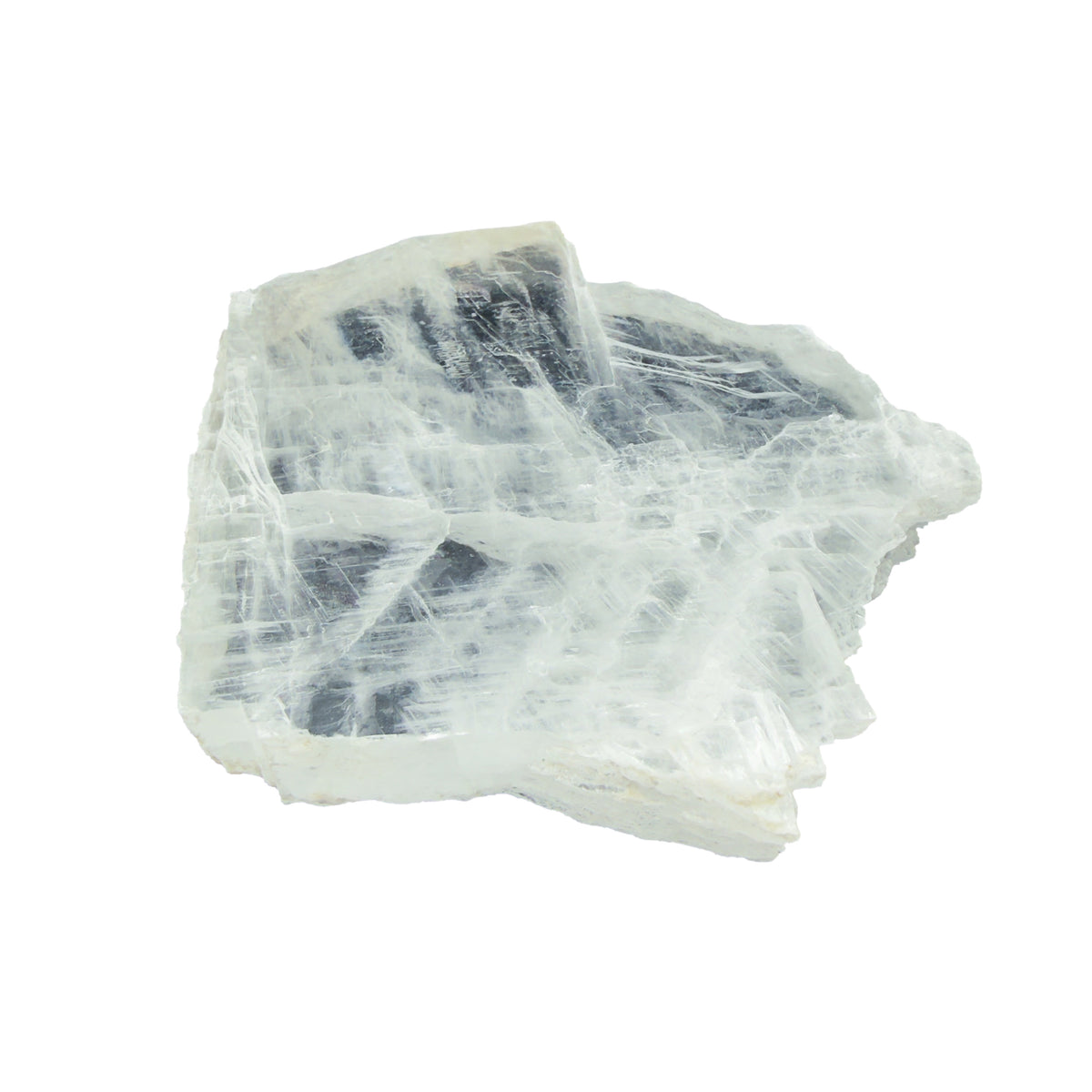 AAA grade selenite clearing slab from New Mexico, edge profile showing thickness, translucent white gypsum fiber, specimen 55.