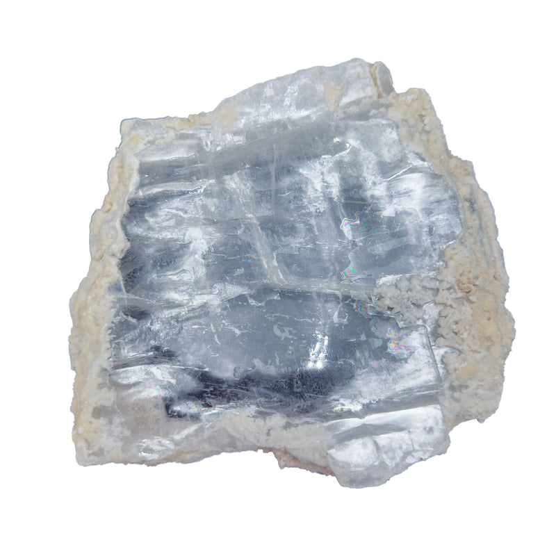 AAA grade selenite clearing slab from New Mexico, front view, satin fibrous surface, 7.10 x 6.83 x 1.07 in, 1.71 pounds.