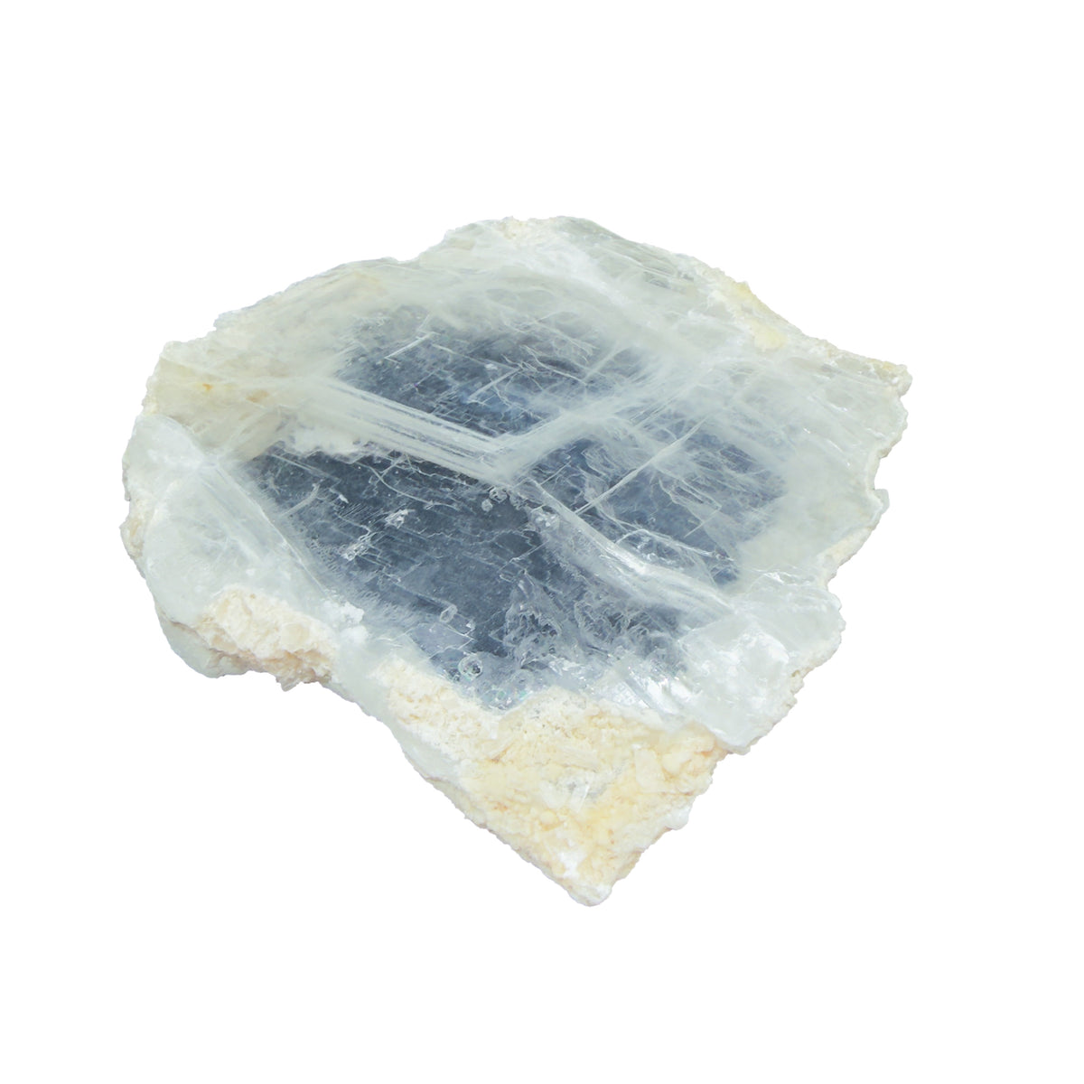 AAA grade selenite clearing slab from New Mexico, edge profile showing thickness, translucent white gypsum fiber, specimen 56.