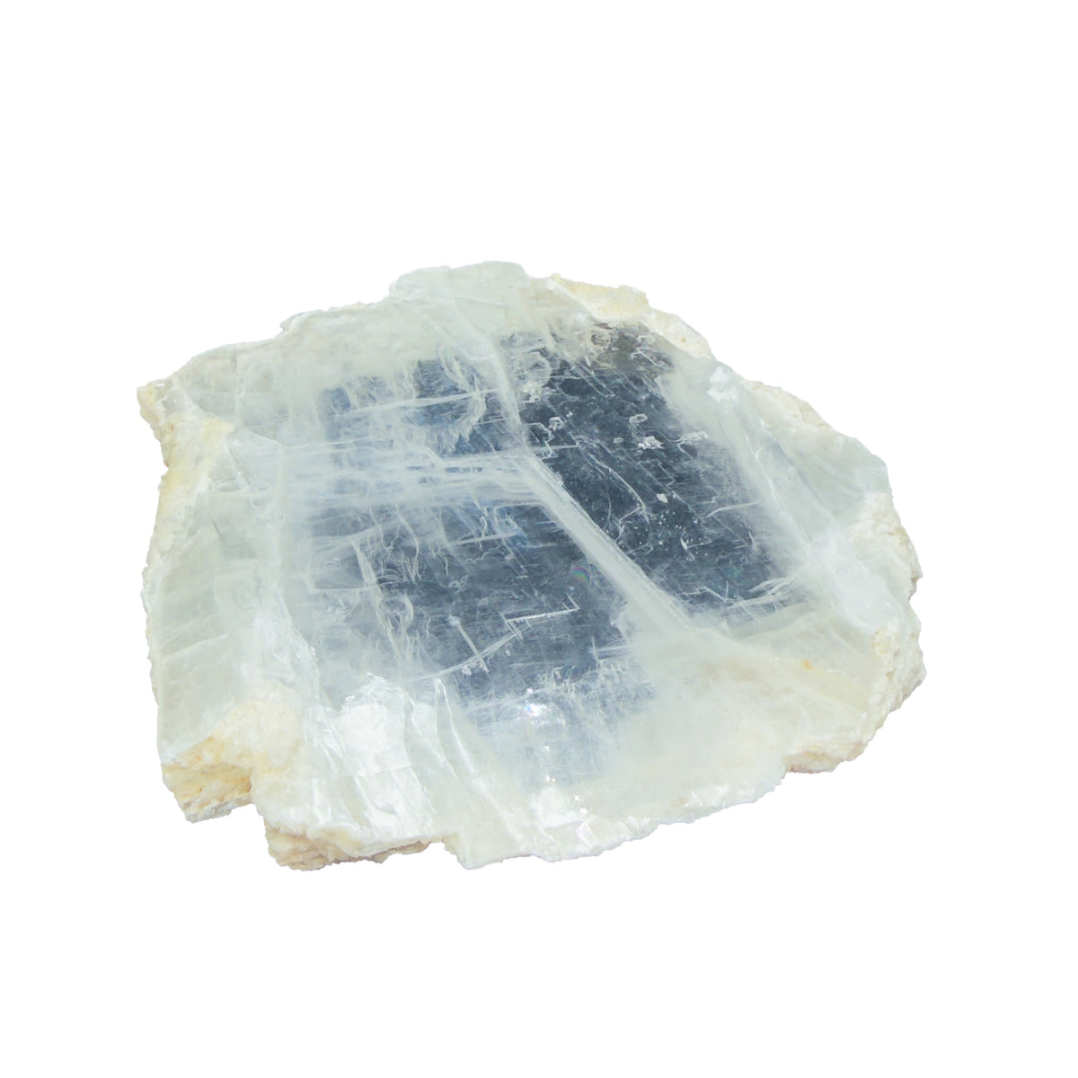 AAA grade selenite clearing slab from New Mexico, detail of the fibrous surface, translucent white gypsum fiber, specimen 56.