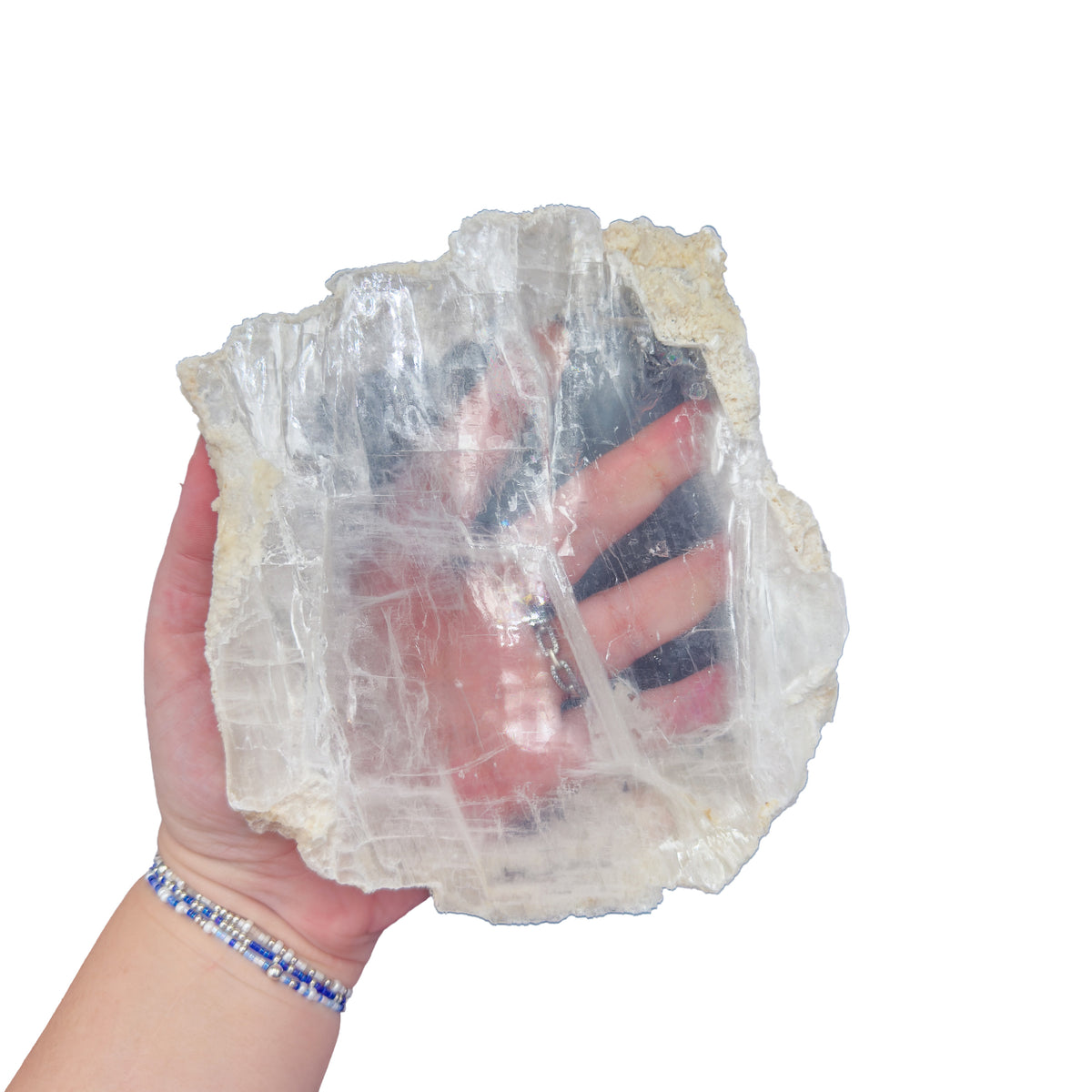 AAA grade selenite clearing slab from New Mexico, further angle, translucent white gypsum fiber, specimen 56.