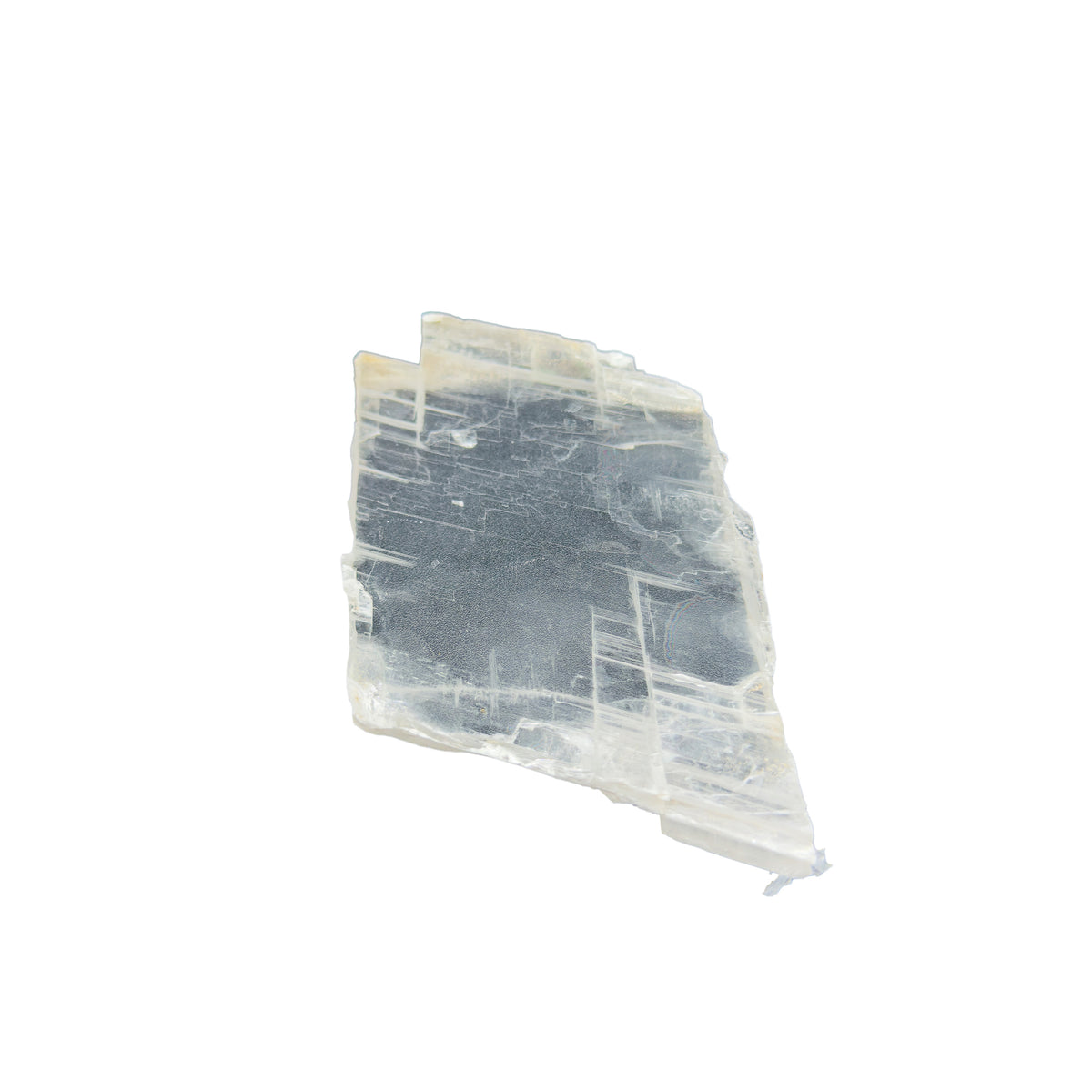 AAA grade selenite clearing slab from New Mexico, edge profile showing thickness, translucent white gypsum fiber, specimen 57.