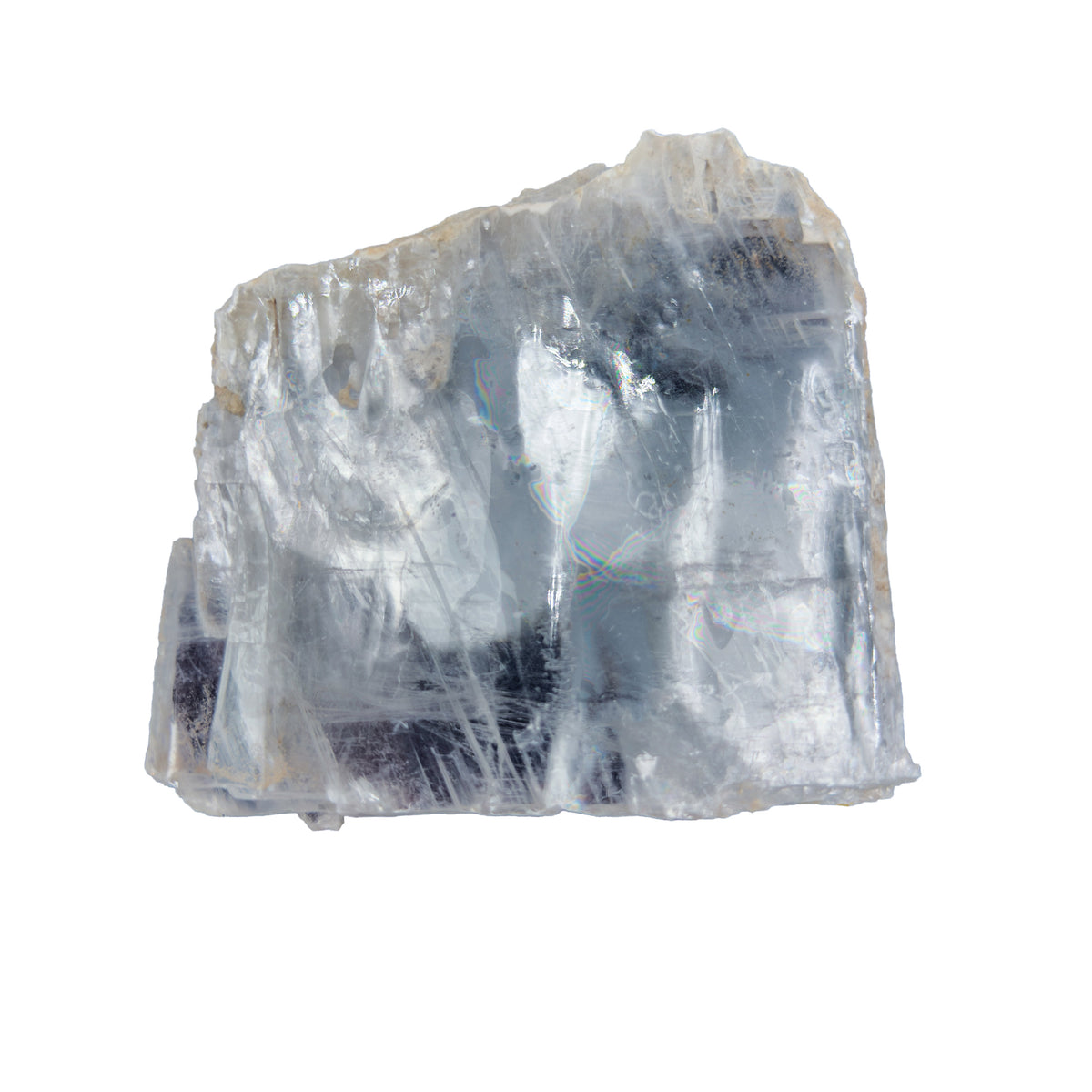 AAA grade selenite clearing slab from New Mexico, front view, satin fibrous surface, 5.33 x 4.95 x 0.78 in, 0.84 pounds.