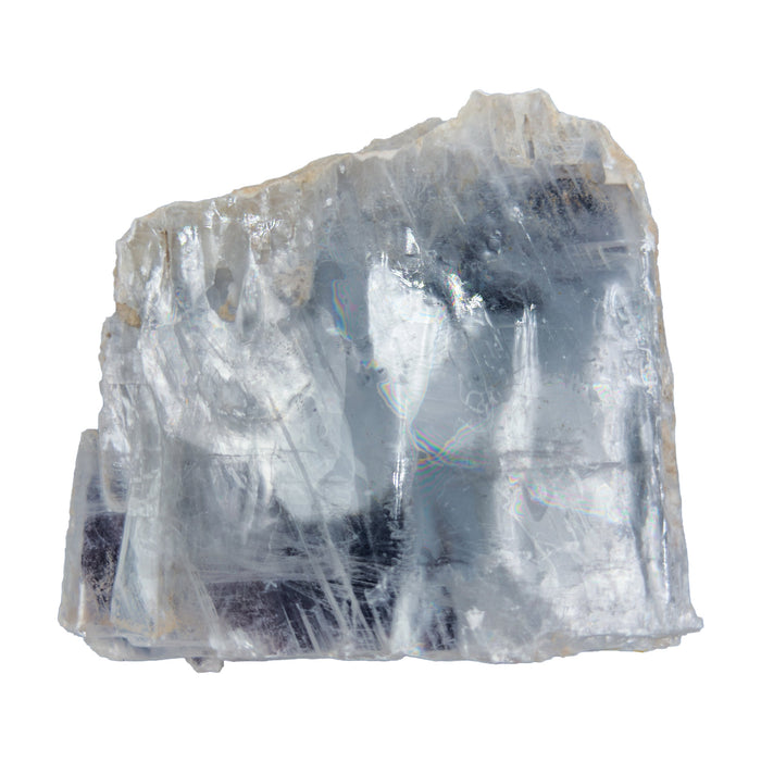 AAA grade selenite clearing slab from New Mexico, front view, satin fibrous surface, 5.33 x 4.95 x 0.78 in, 0.84 pounds.