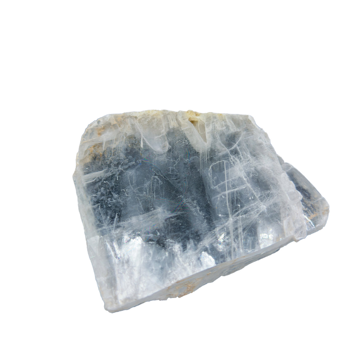 AAA grade selenite clearing slab from New Mexico, edge profile showing thickness, translucent white gypsum fiber, specimen 58.