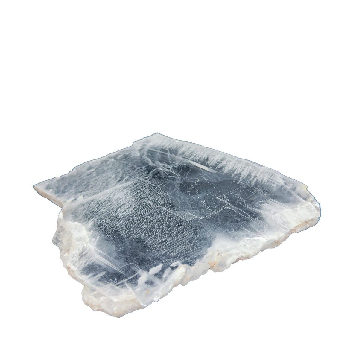 AAA grade selenite clearing slab from New Mexico, top view, translucent white gypsum fiber, specimen 59.