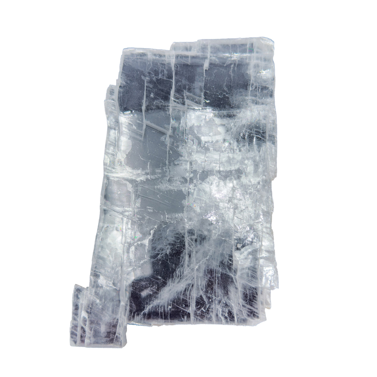 AAA grade selenite clearing slab from New Mexico, front view, satin fibrous surface, 6.43 x 3.61 x 0.37 in, 0.66 pounds.