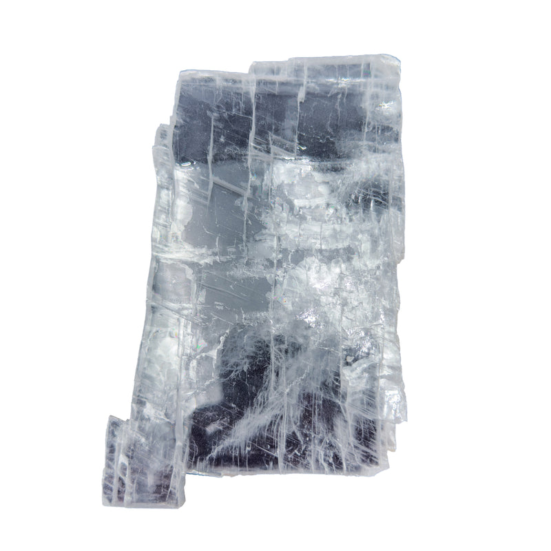 AAA grade selenite clearing slab from New Mexico, front view, satin fibrous surface, 6.43 x 3.61 x 0.37 in, 0.66 pounds.