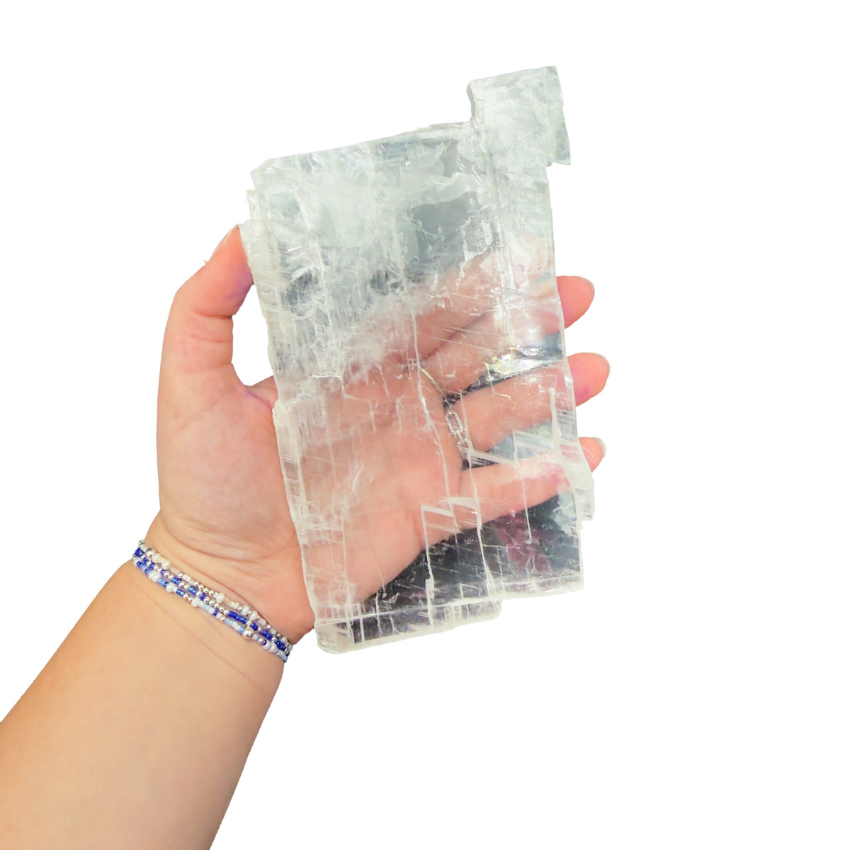 AAA grade selenite clearing slab from New Mexico, further angle, translucent white gypsum fiber, specimen 60.