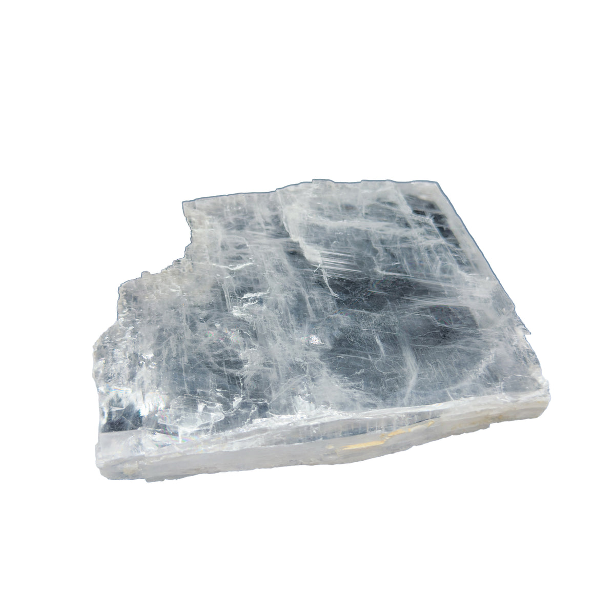 AAA grade selenite clearing slab from New Mexico, detail of the fibrous surface, translucent white gypsum fiber, specimen 61.