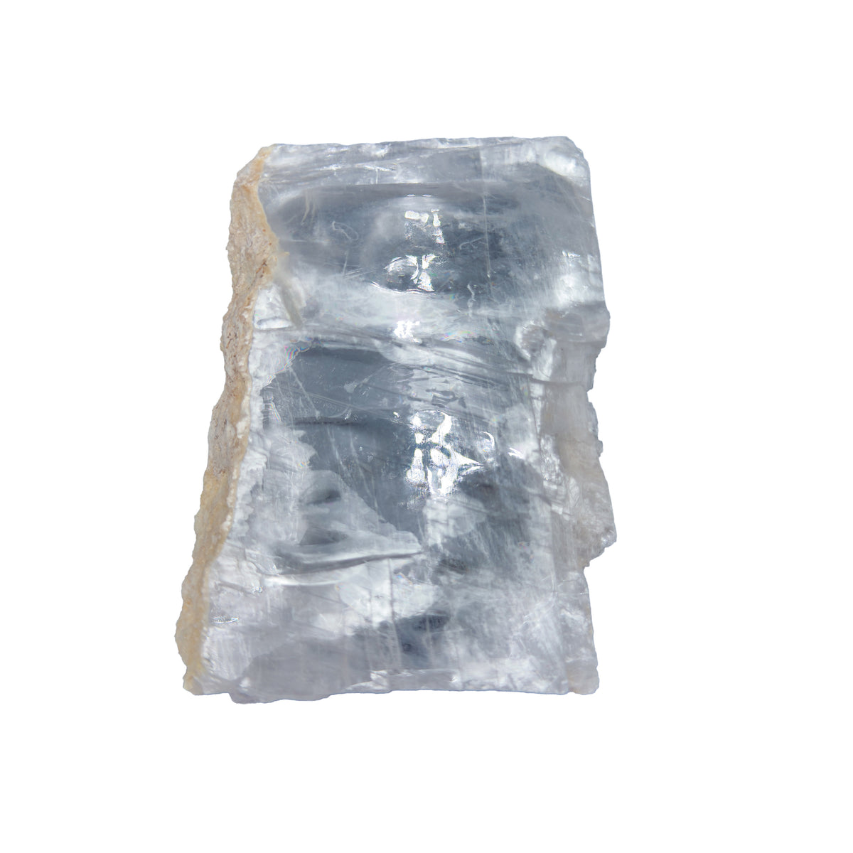 AAA grade selenite clearing slab from New Mexico, front view, satin fibrous surface, 4.19 x 2.99 x 0.66 in, 0.59 pounds.