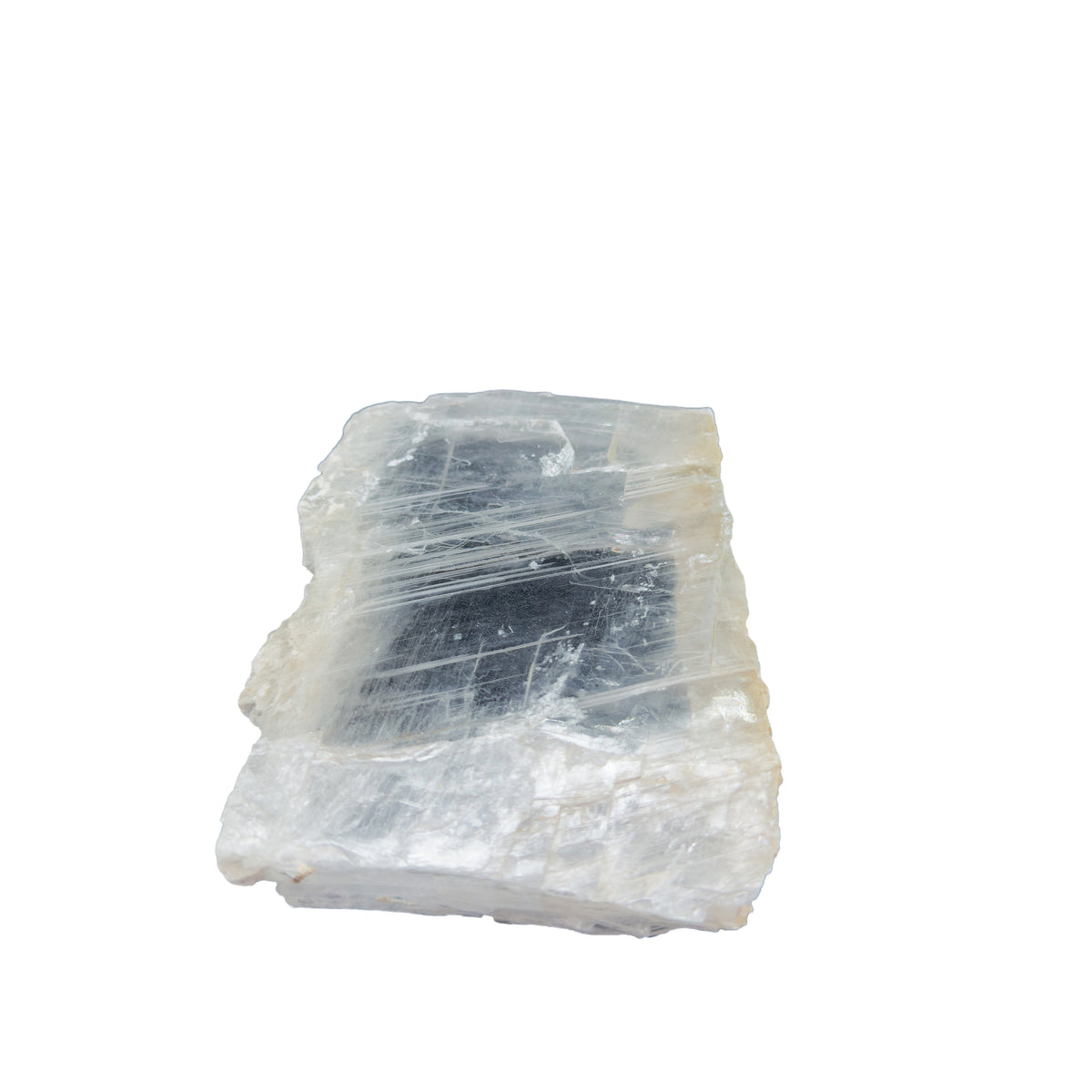 AAA grade selenite clearing slab from New Mexico, top view, translucent white gypsum fiber, specimen 62.