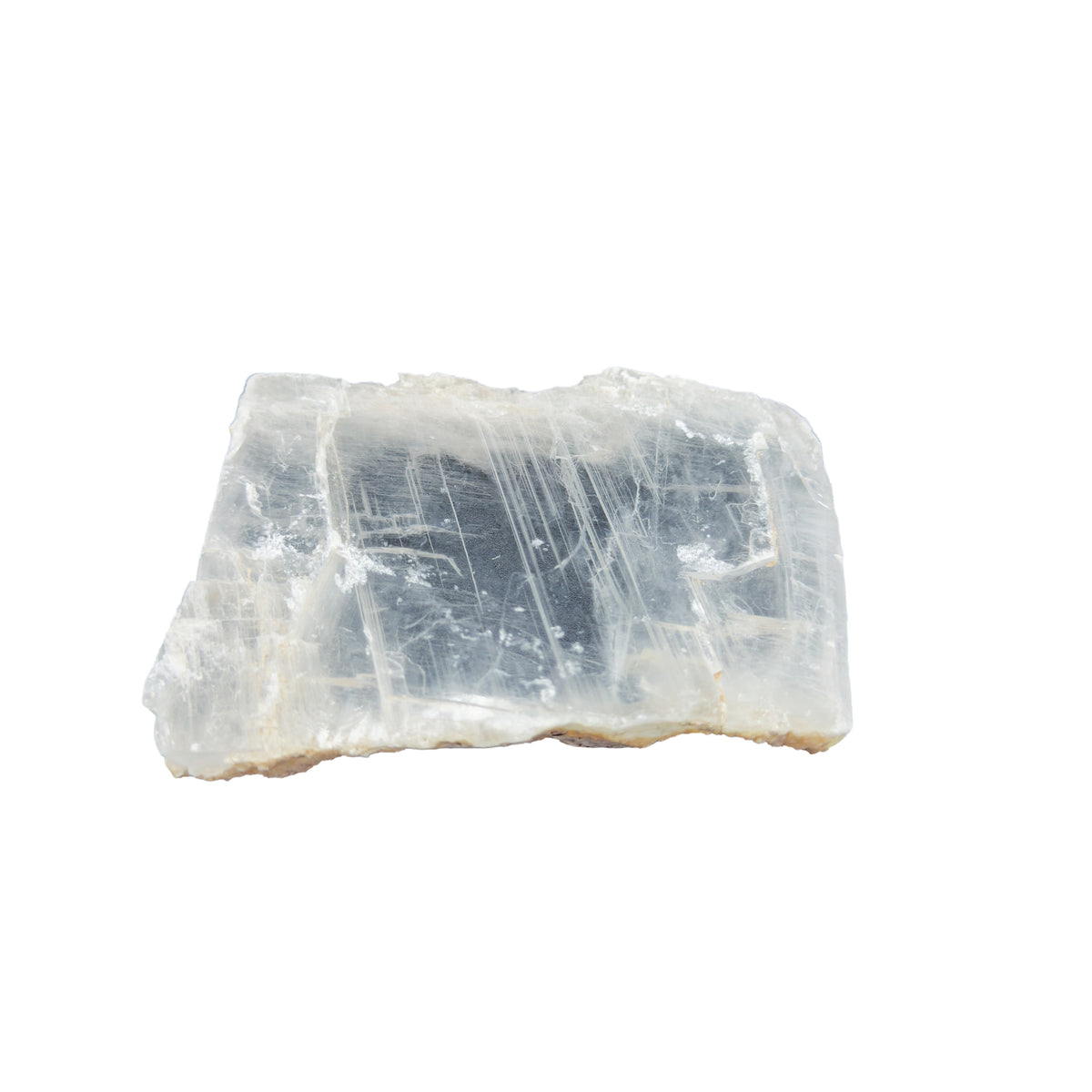 AAA grade selenite clearing slab from New Mexico, detail of the fibrous surface, translucent white gypsum fiber, specimen 62.