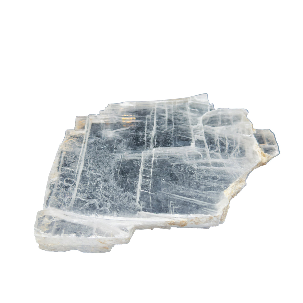 AAA grade selenite clearing slab from New Mexico, top view, translucent white gypsum fiber, specimen 63.