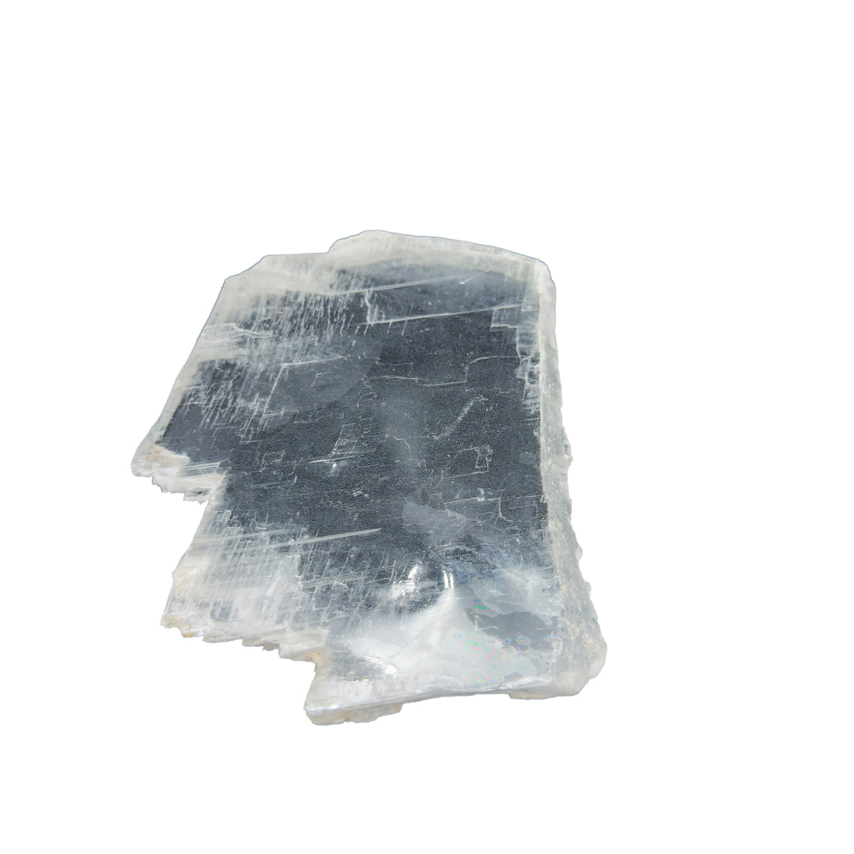 AAA grade selenite clearing slab from New Mexico, top view, translucent white gypsum fiber, specimen 64.