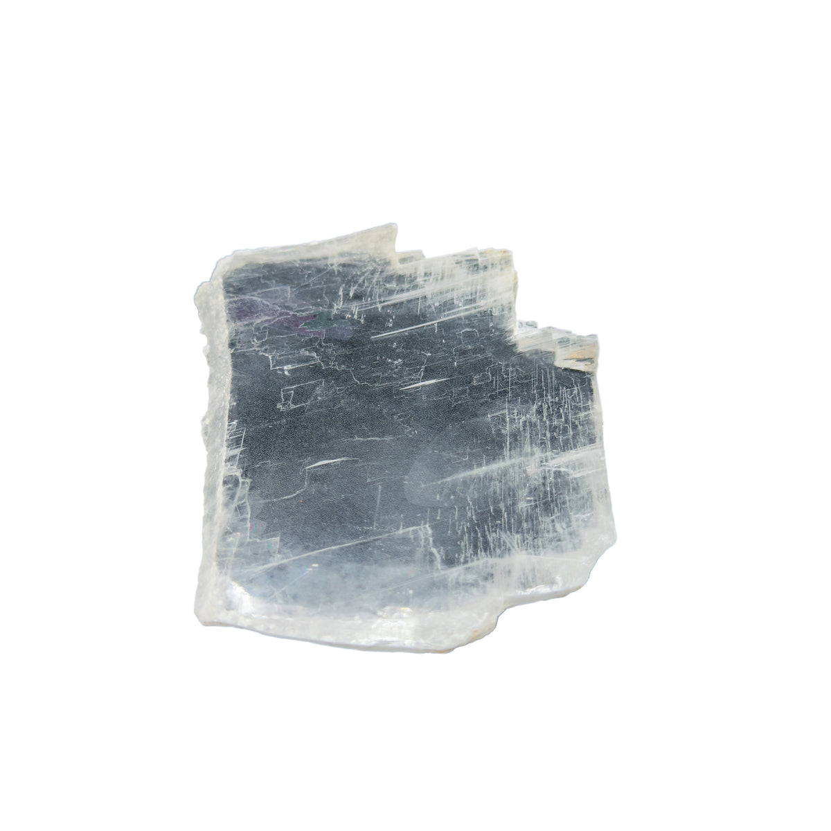 AAA grade selenite clearing slab from New Mexico, detail of the fibrous surface, translucent white gypsum fiber, specimen 64.