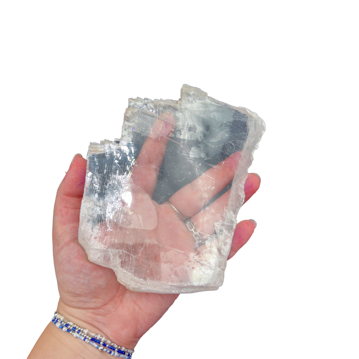 AAA grade selenite clearing slab from New Mexico, further angle, translucent white gypsum fiber, specimen 64.
