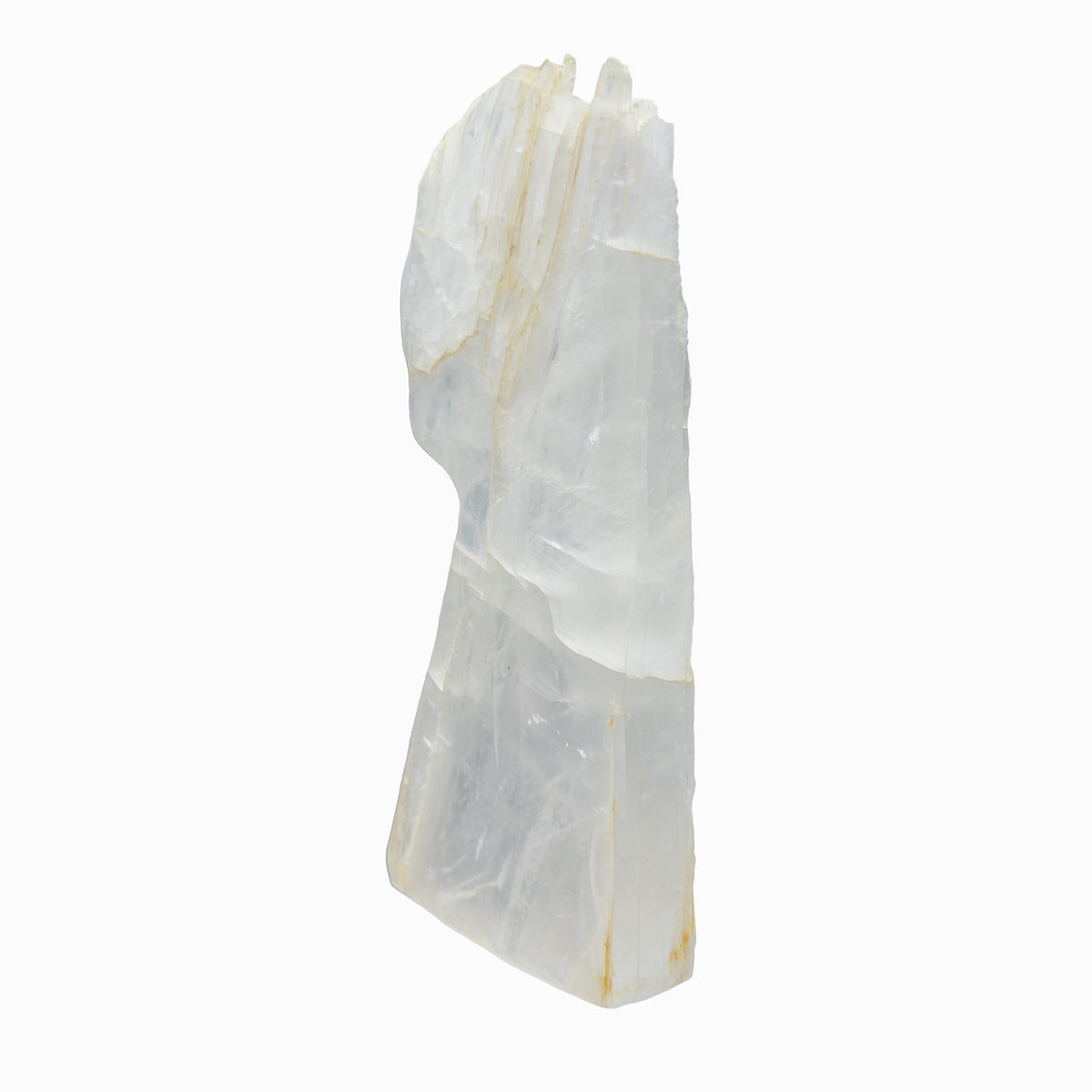 AAA grade selenite standing slab from New Mexico, edge profile showing thickness, translucent white gypsum fiber, specimen 52.