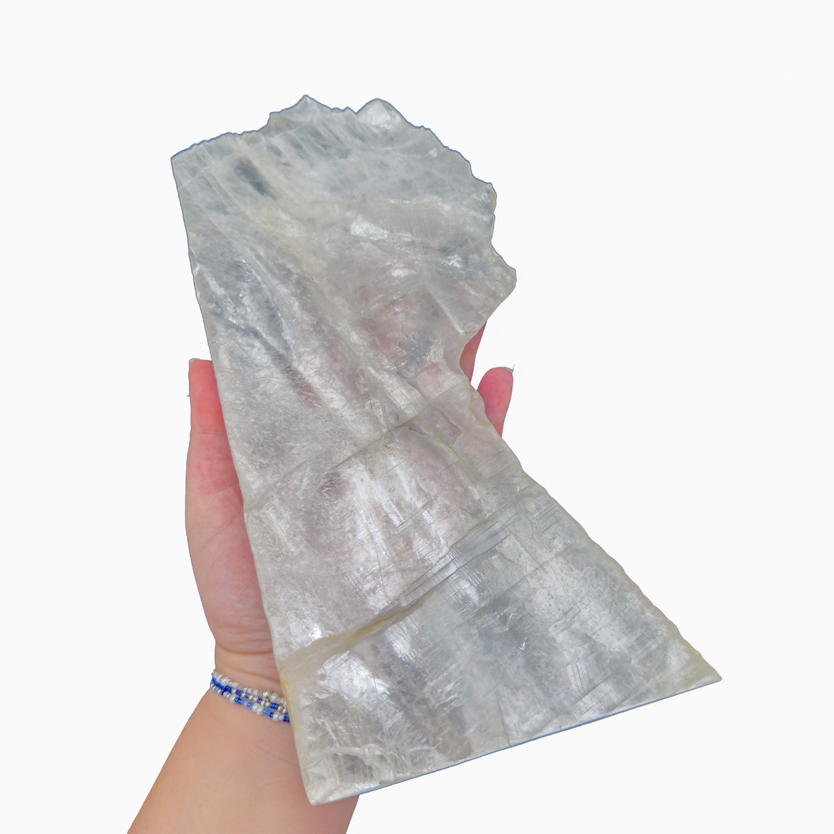 AAA grade selenite standing slab from New Mexico, top view, translucent white gypsum fiber, specimen 52.