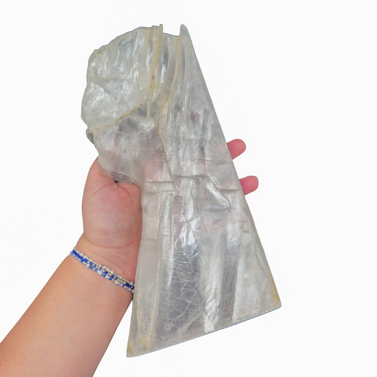 AAA grade selenite standing slab from New Mexico, alternate angle, translucent white gypsum fiber, specimen 52.