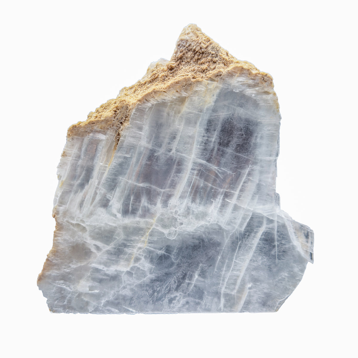 AAA grade selenite standing slab from New Mexico, front view, satin fibrous surface, 9.62 x 0.91 x 9.93 in, 4.59 pounds.
